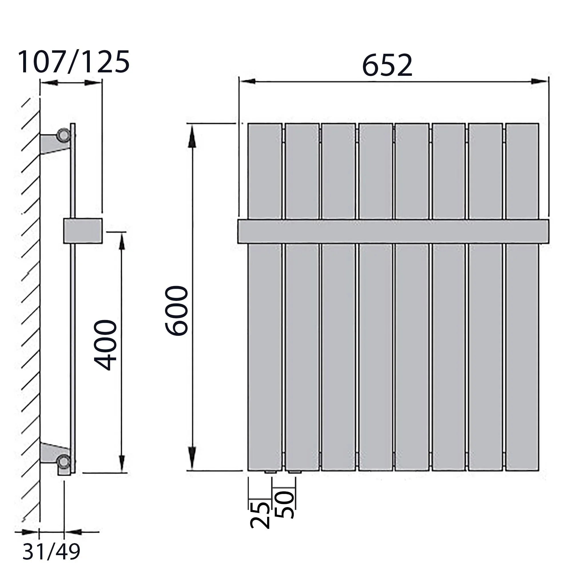 Design Paneelheizkörper 600 x 602 Handtuchstange Bad Flachheizkörper Anschluss links versetztem Mittelanschluss flach technische Zeichnung - heizkoerper.shop