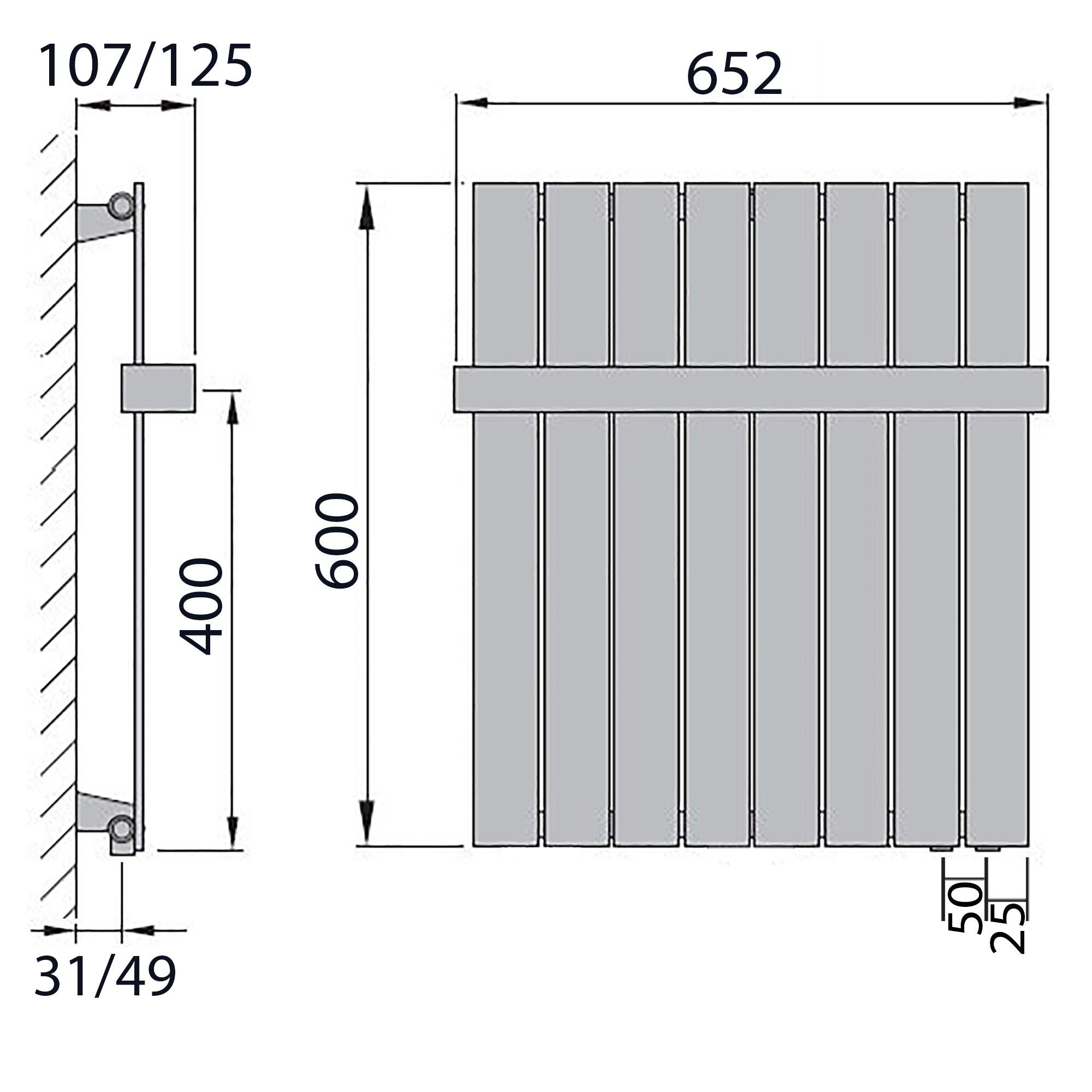 Flachheizkörper 600 x 602 Handtuchstange Bad Anschluss rechts versetztem Mittelanschluss flach technische Zeichnung - heizkoerper.shop