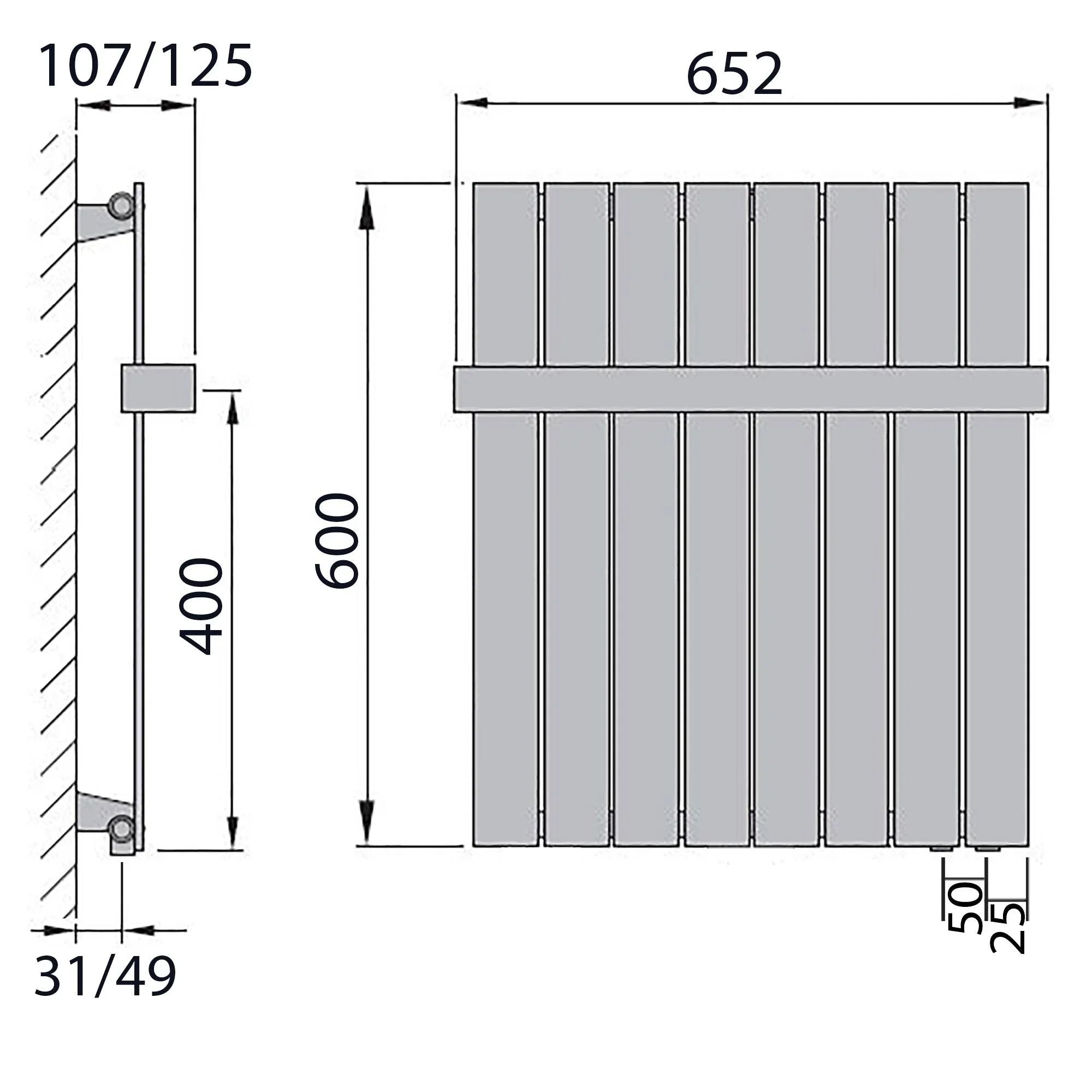 Design Paneelheizkörper 600 x 602 Handtuchstange Bad Flachheizkörper Anschluss rechts versetztem Mittelanschluss flach technische Zeichnung - heizkoerper.shop