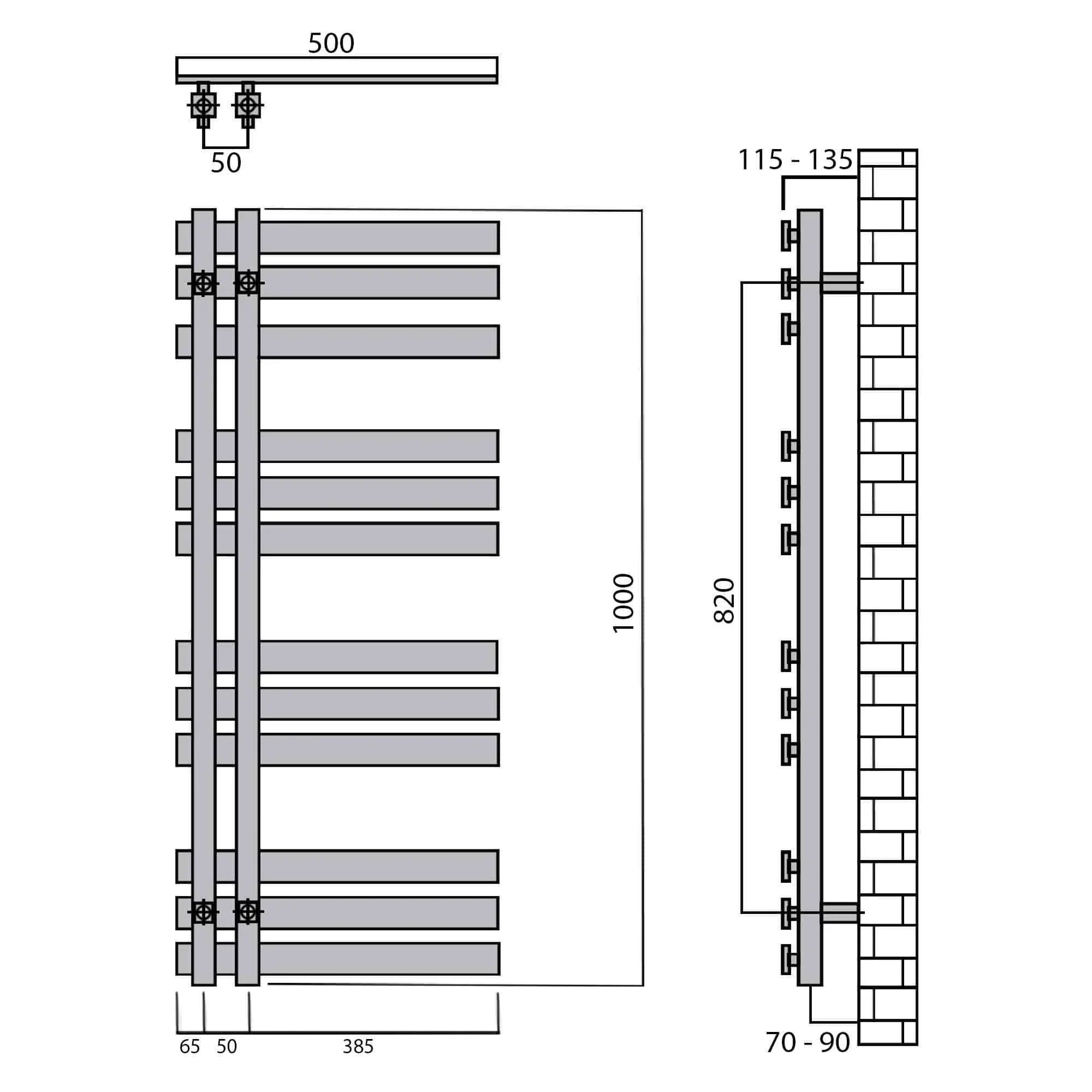 Handtuchheizkörper 1000 x 500 Paneel Heizkörper mit Anschluss links rechts Seitenanschluss technische Zeichnung - heizkoerper.shop