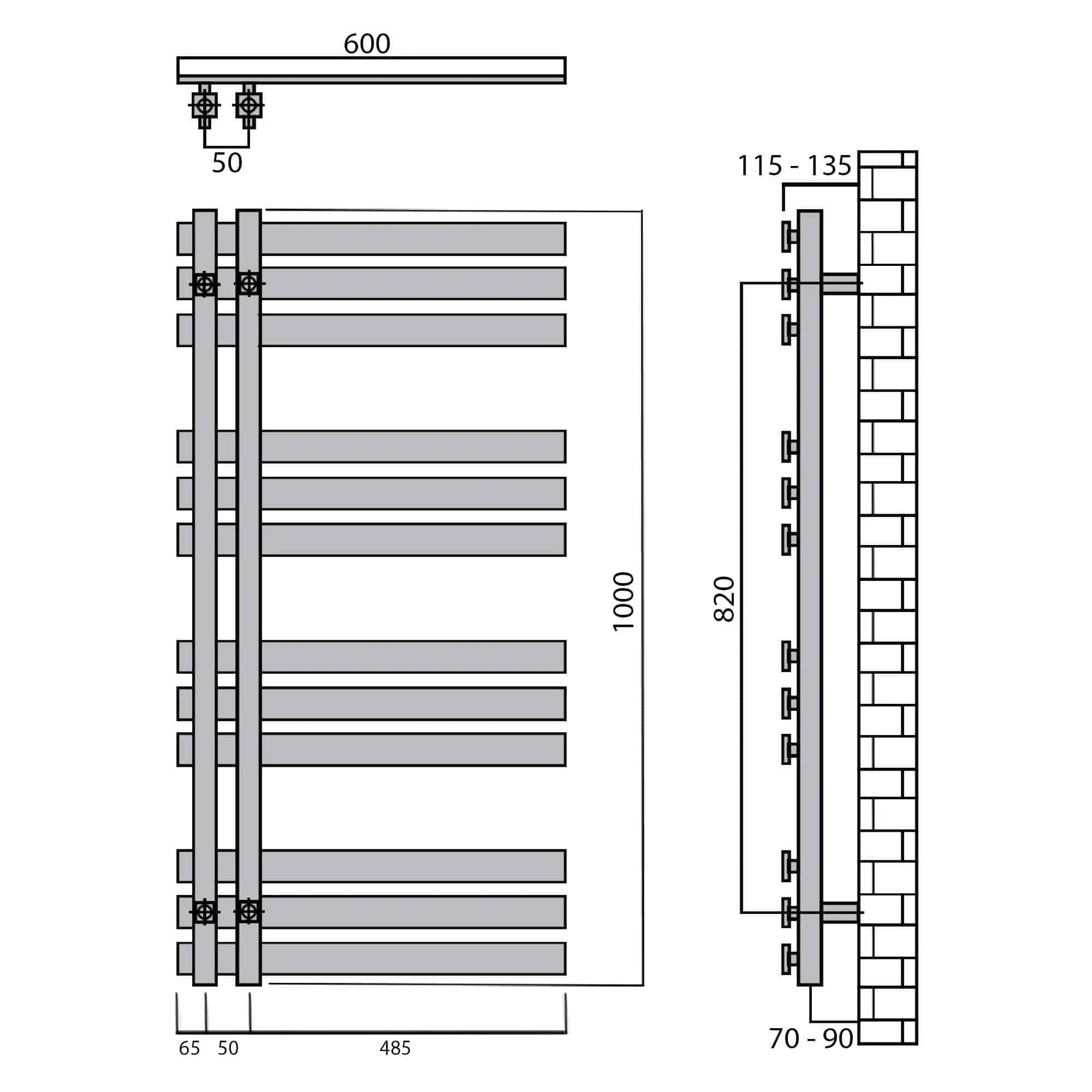 Handtuchheizkörper 1000 x 600 Paneel Heizkörper mit Anschluss links rechts Seitenanschluss technische Zeichnung - heizkoerper.shop