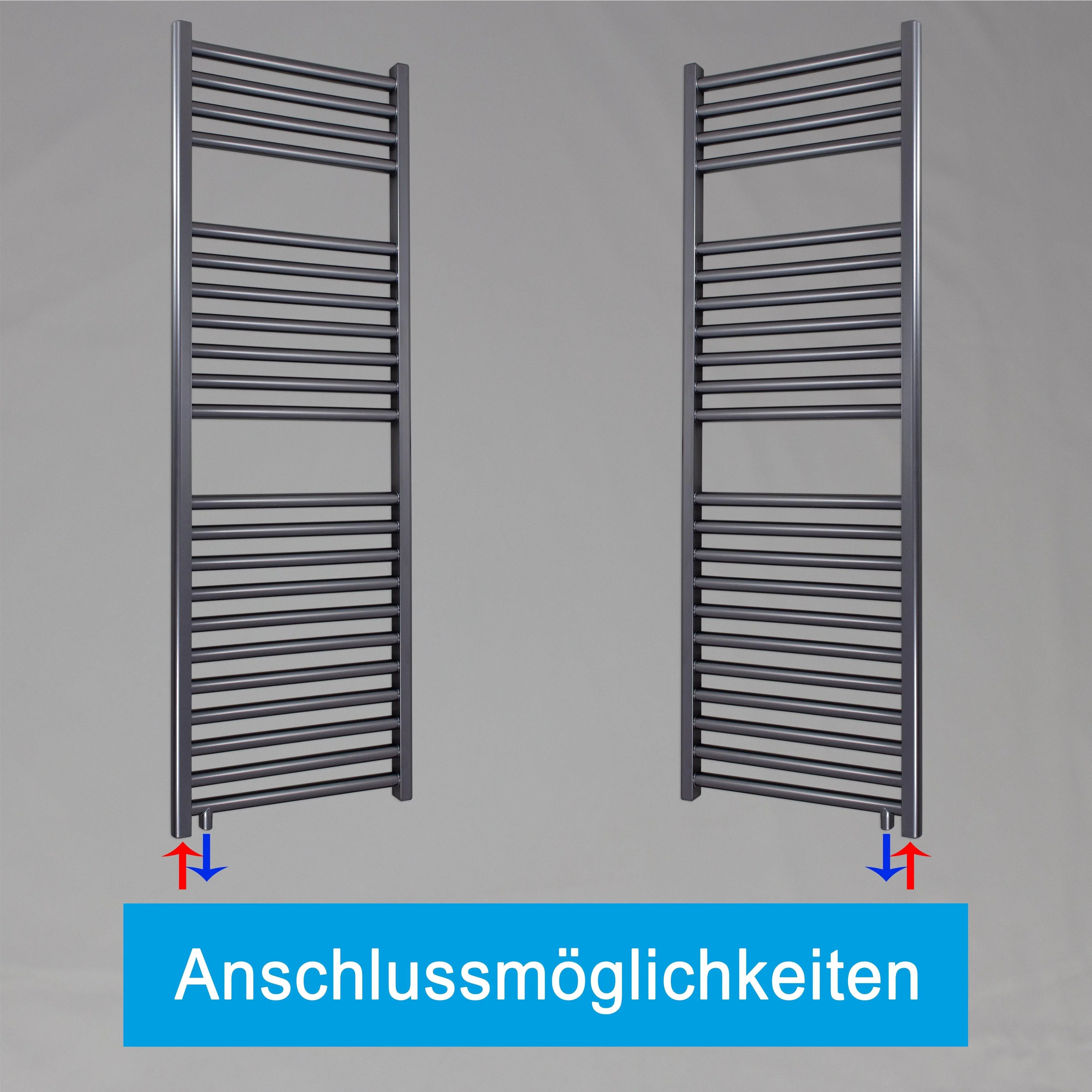 Handtuchheizkörper 1160 x 400 anthrazit mit Anschluss links oder rechts | mit versetztem Mittelanschluss Anschlussmöglichkeiten