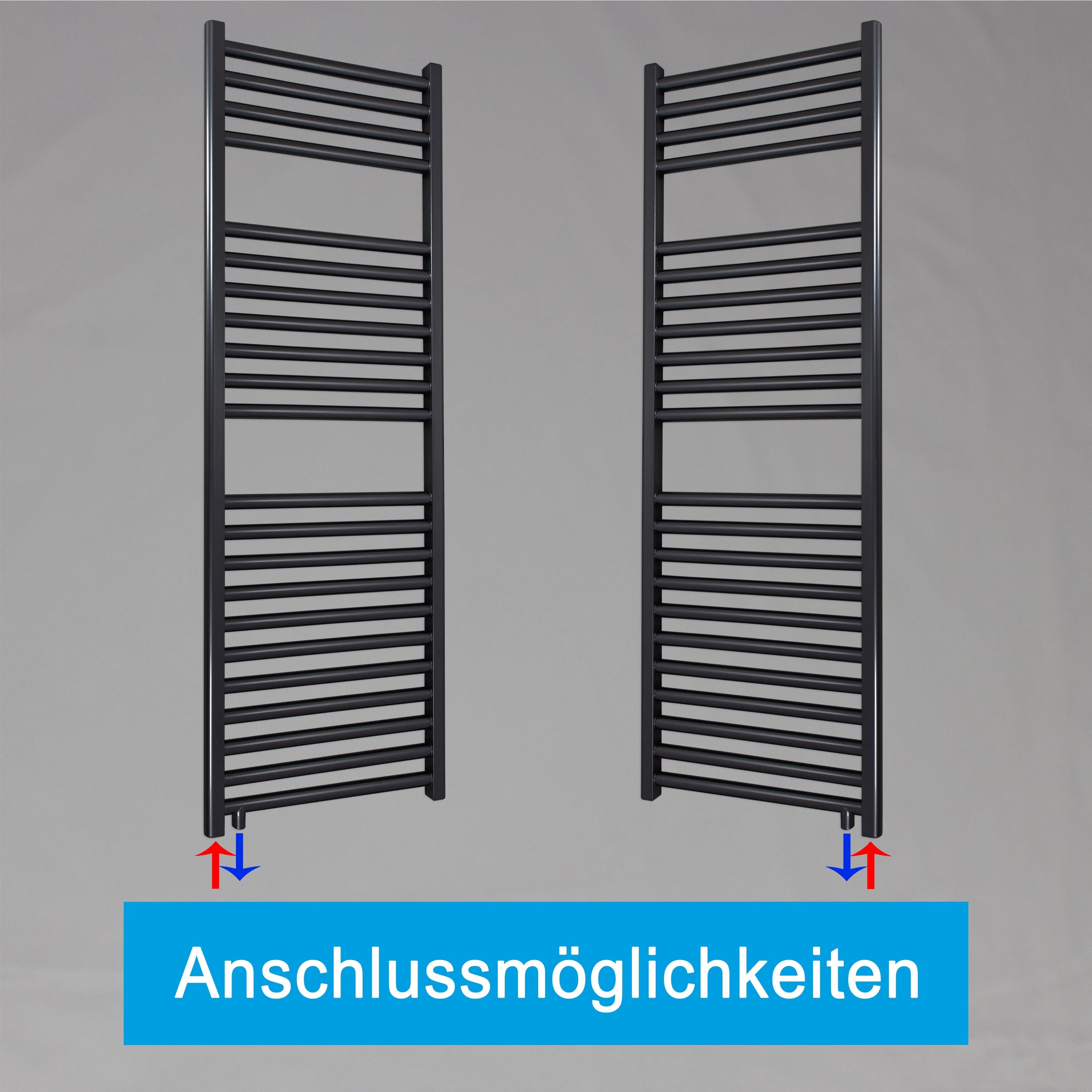 Handtuchheizkörper 1160 x 400 schwarz mit Anschluss links oder rechts | mit versetztem Mittelanschluss Anschlussmöglichkeiten