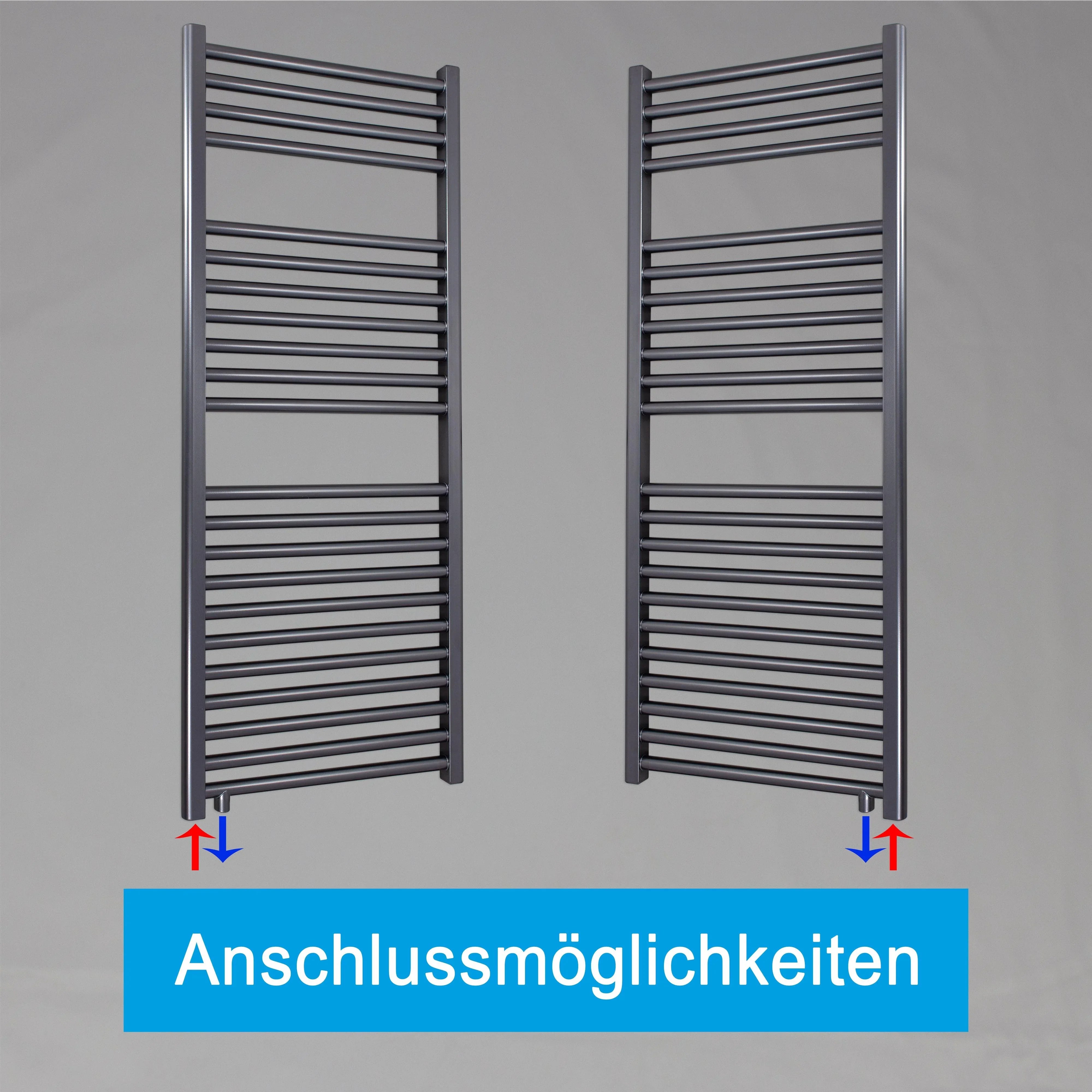 Handtuchheizkörper 1160 x 600 anthrazit mit Anschluss links oder rechts | mit versetztem Mittelanschluss Anschlussmöglichkeiten