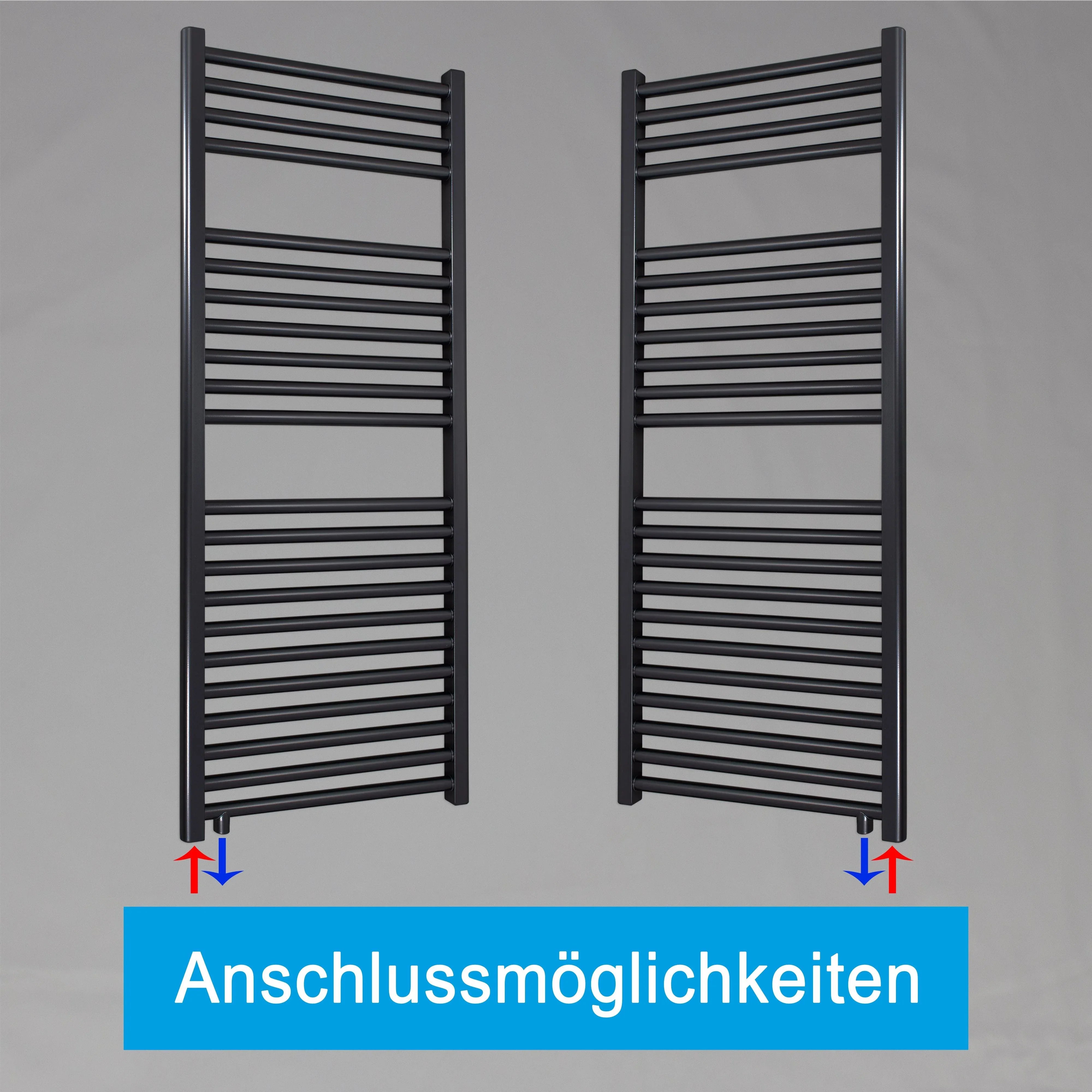 Handtuchheizkörper 1160 x 600 schwarz mit Anschluss links oder rechts | mit versetztem Mittelanschluss Anschlussmöglichkeiten
