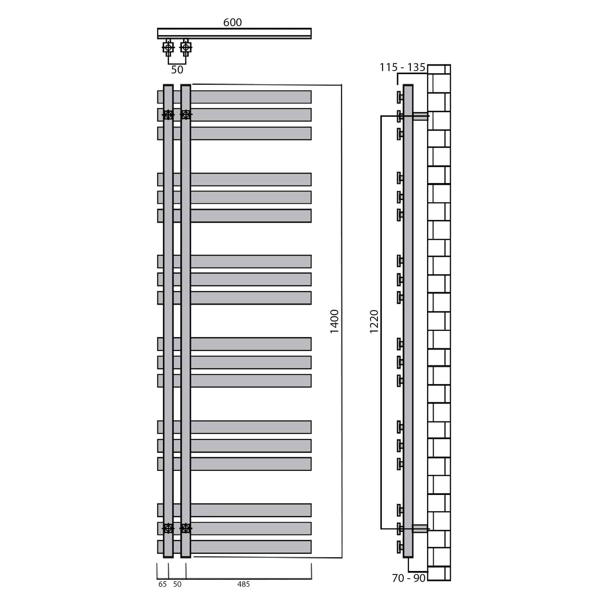 Handtuchheizkörper 1400 x 600 Paneel Heizkörper mit Anschluss links rechts Seitenanschluss technische Zeichnung - heizkoerper.shop