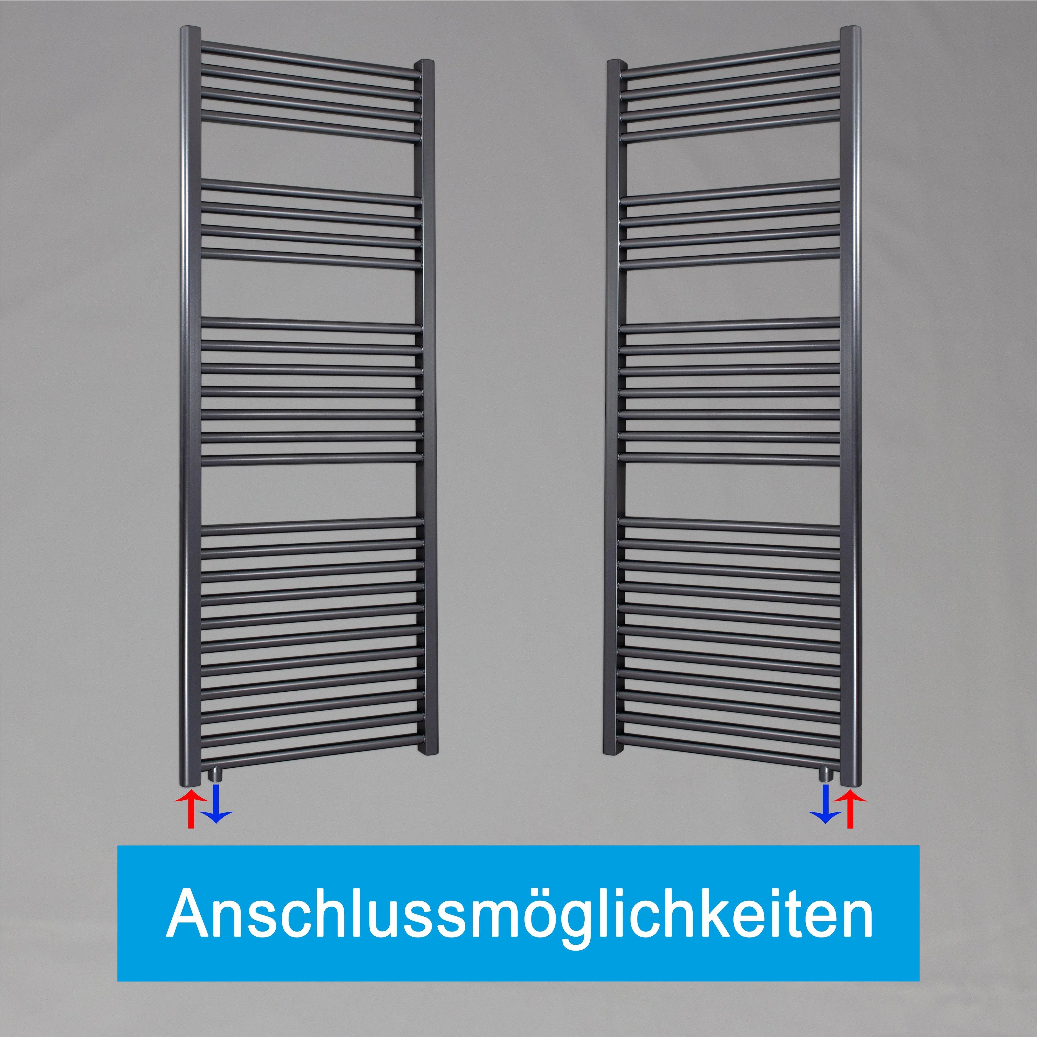 Handtuchheizkörper 1424 x 600 anthrazit mit Anschluss links oder rechts | mit versetztem Mittelanschluss Anschlussmöglichkeiten