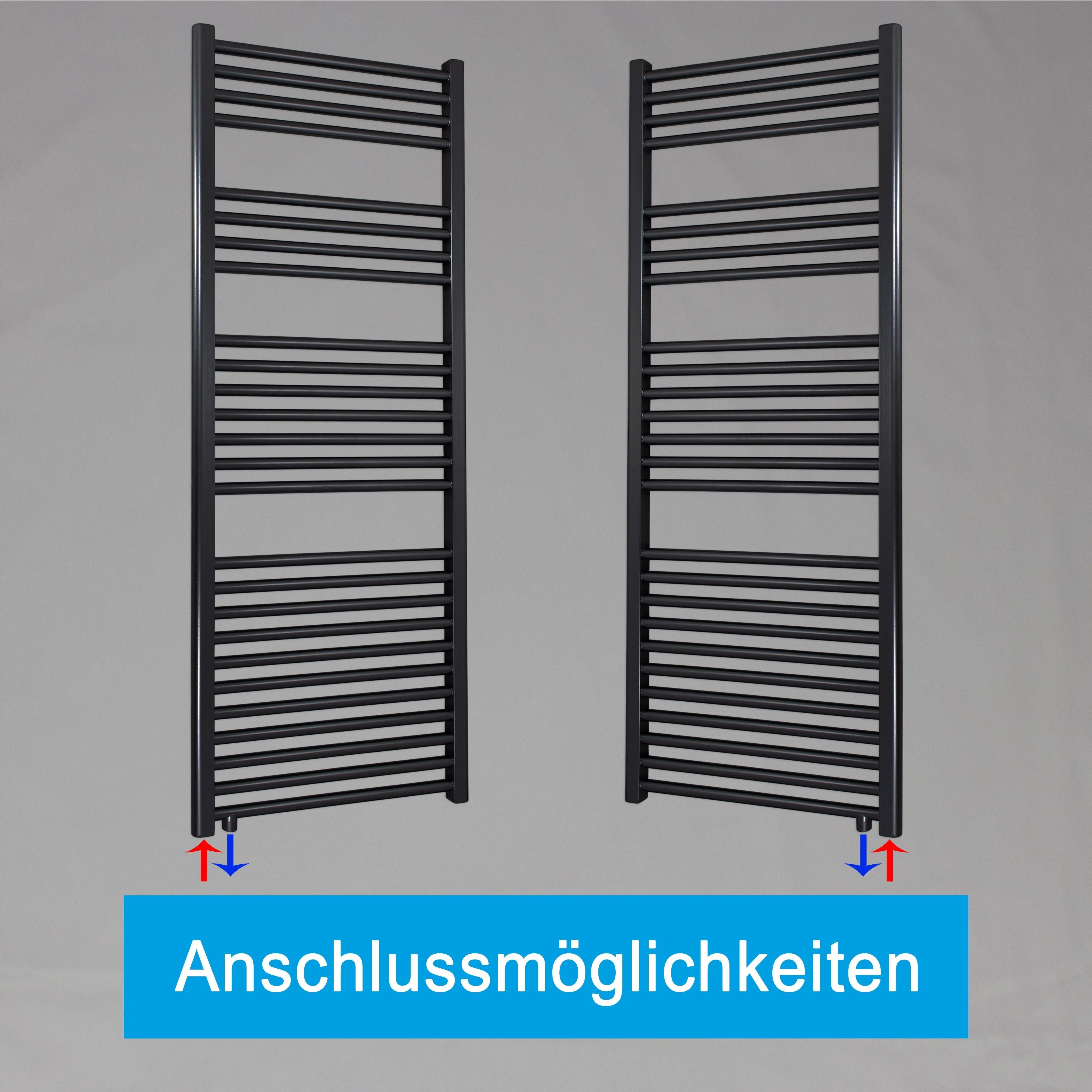 Handtuchheizkörper 1424 x 600 schwarz mit Anschluss links oder rechts | mit versetztem Mittelanschluss Anschlussmöglichkeiten