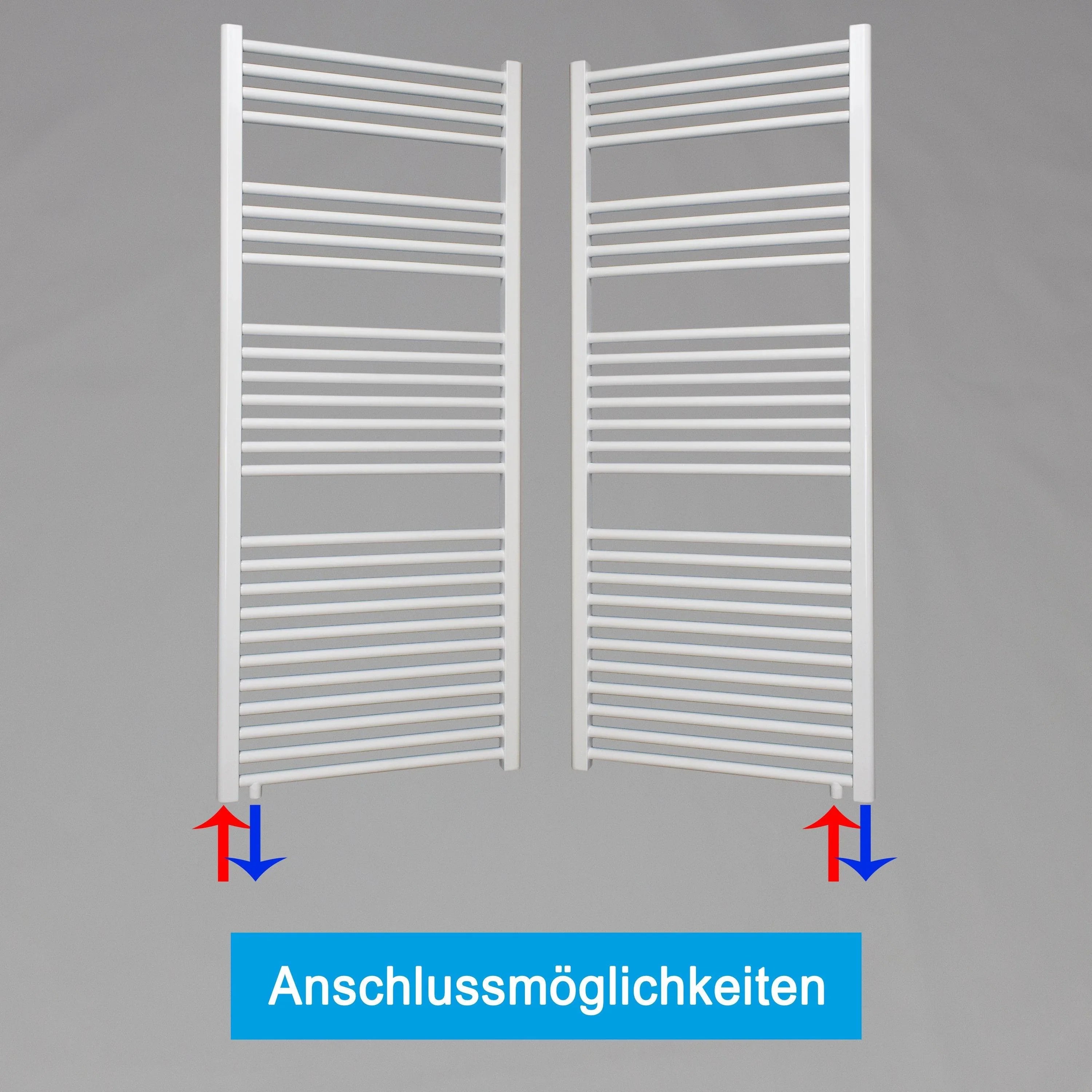 Handtuchheizkörper 1424 x 600 weiß mit Anschluss links oder rechts | mit versetztem Mittelanschluss Anschlussmöglichkeiten