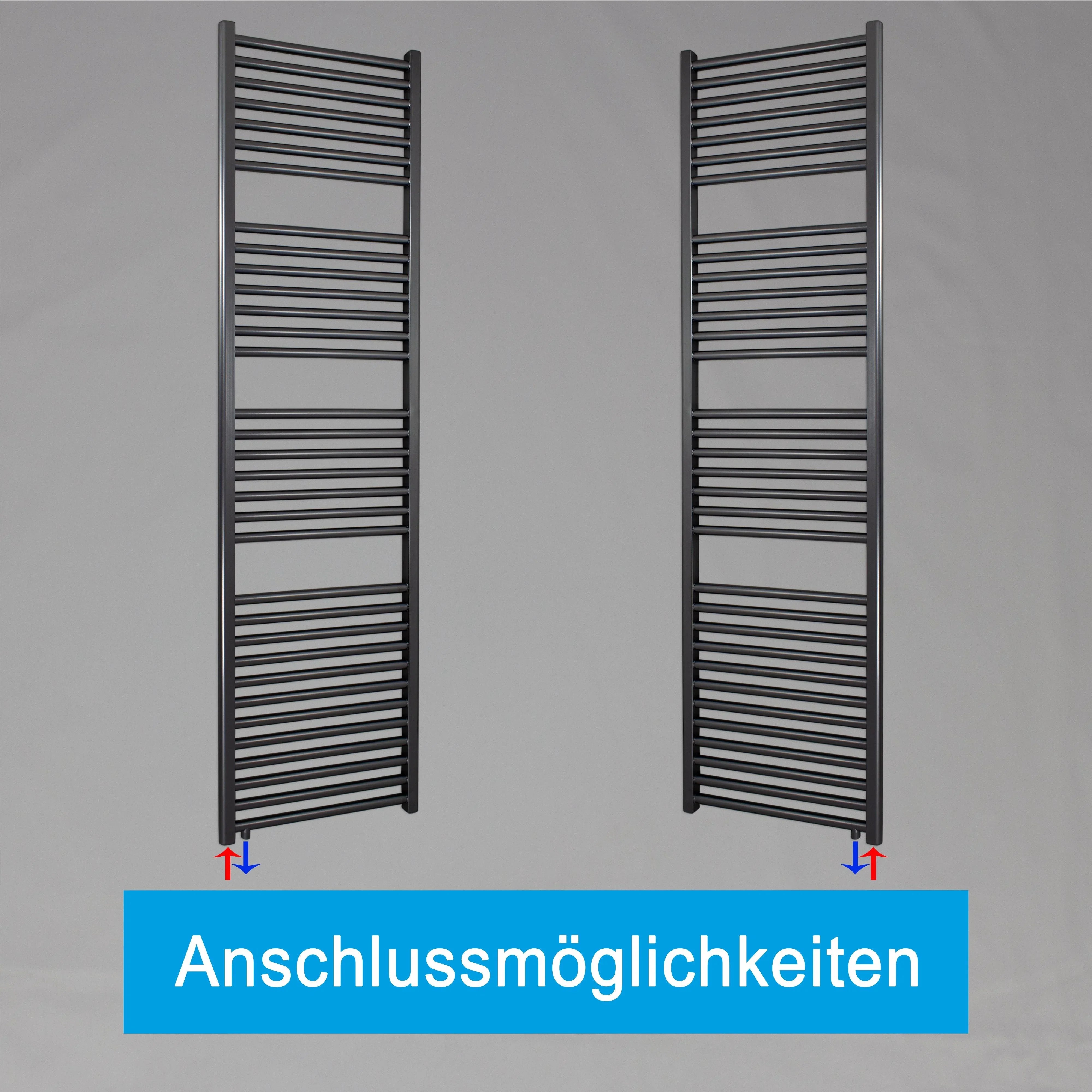 Handtuchheizkörper 1732 x 400 anthrazit mit Anschluss links oder rechts | mit versetztem Mittelanschluss Anschlussmöglichkeiten