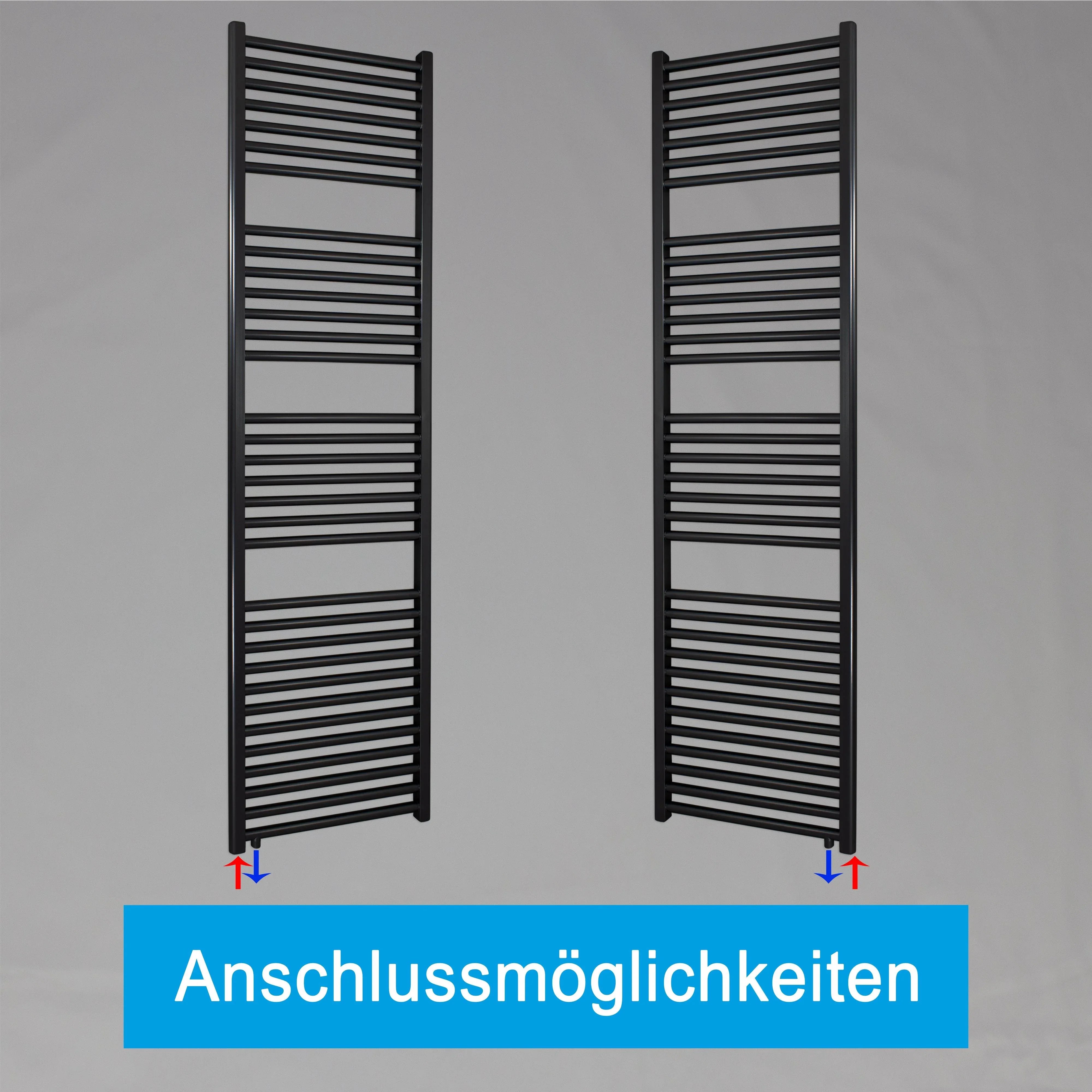 Handtuchheizkörper 1732 x 400 schwarz mit Anschluss links oder rechts | mit versetztem Mittelanschluss Anschlussmöglichkeiten