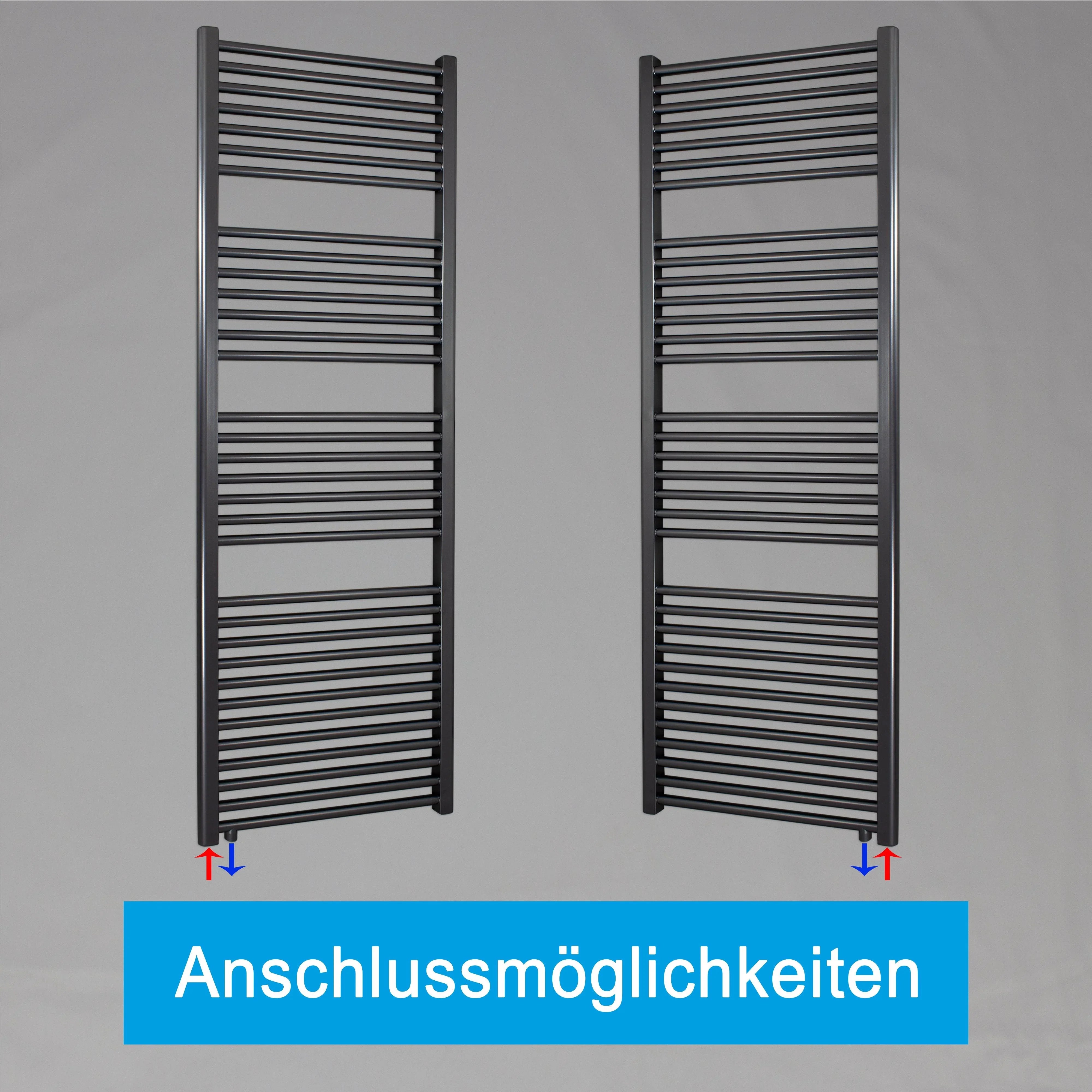 Handtuchheizkörper 1732 x 500 anthrazit mit Anschluss links oder rechts | mit versetztem Mittelanschluss Anschlussmöglichkeiten