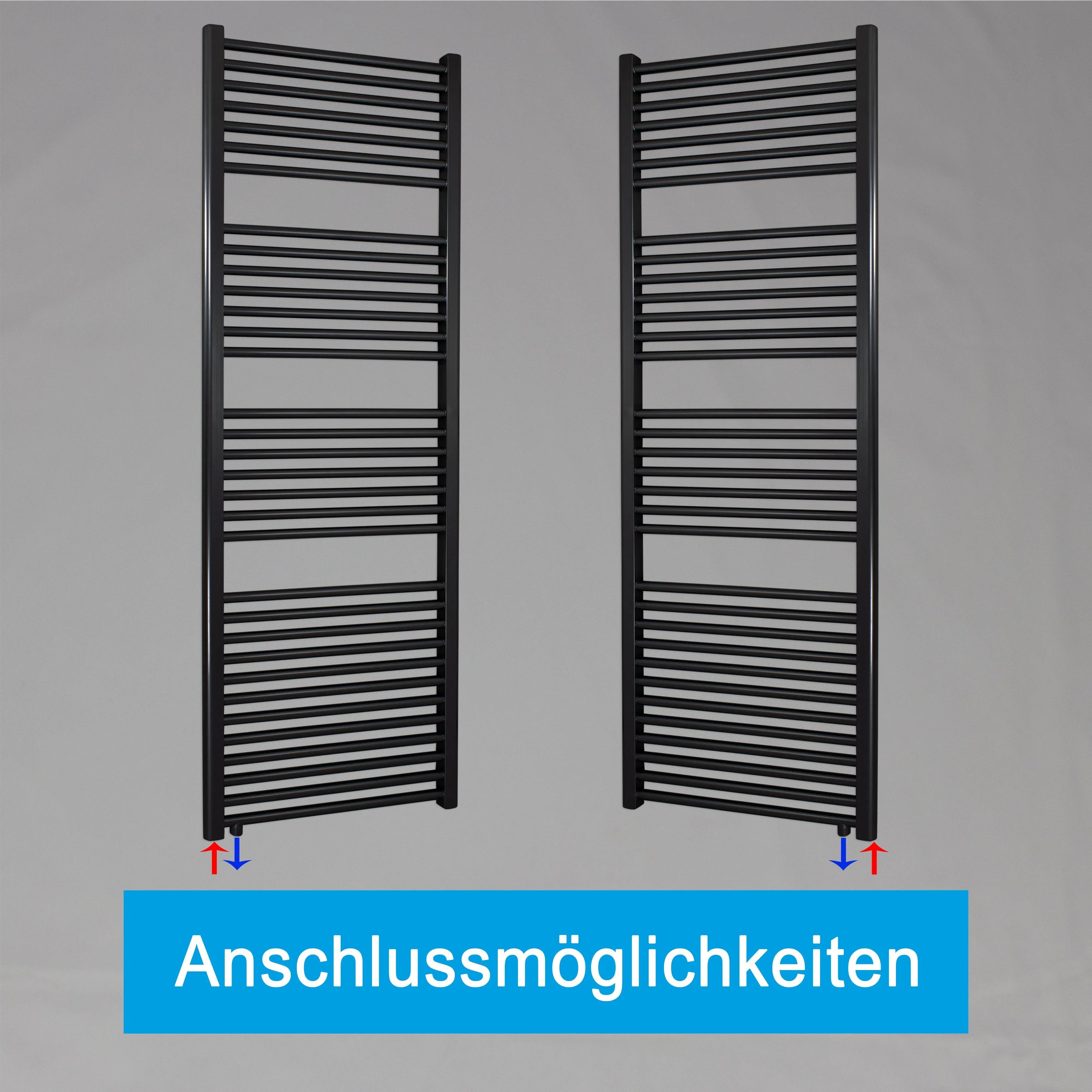 Handtuchheizkörper 1732 x 500 schwarz mit Anschluss links oder rechts | mit versetztem Mittelanschluss Anschlussmöglichkeiten