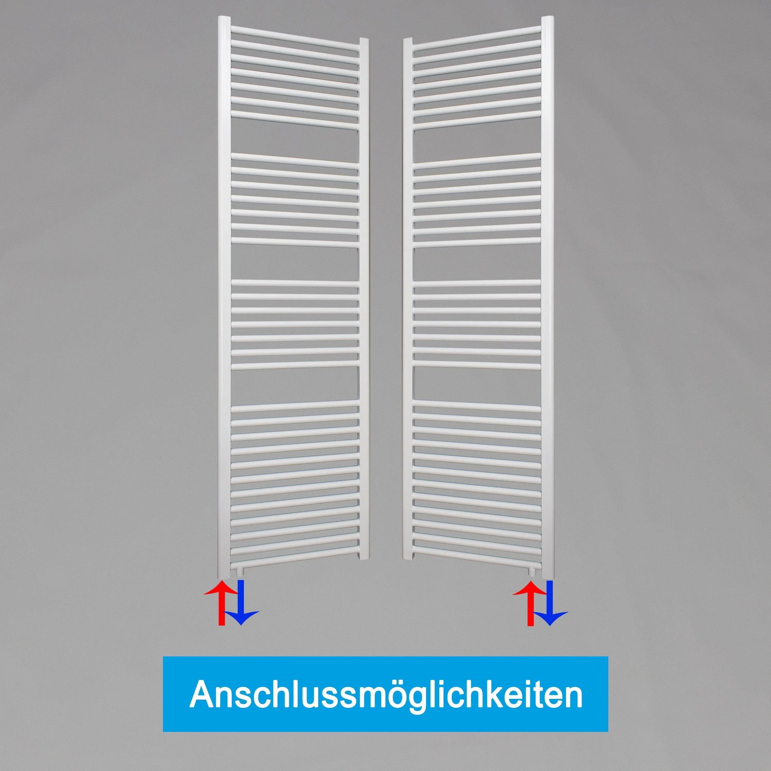 Handtuchheizkörper 1732 x 500 weiß mit Anschluss links oder rechts | mit versetztem Mittelanschluss Anschlussmöglichkeiten