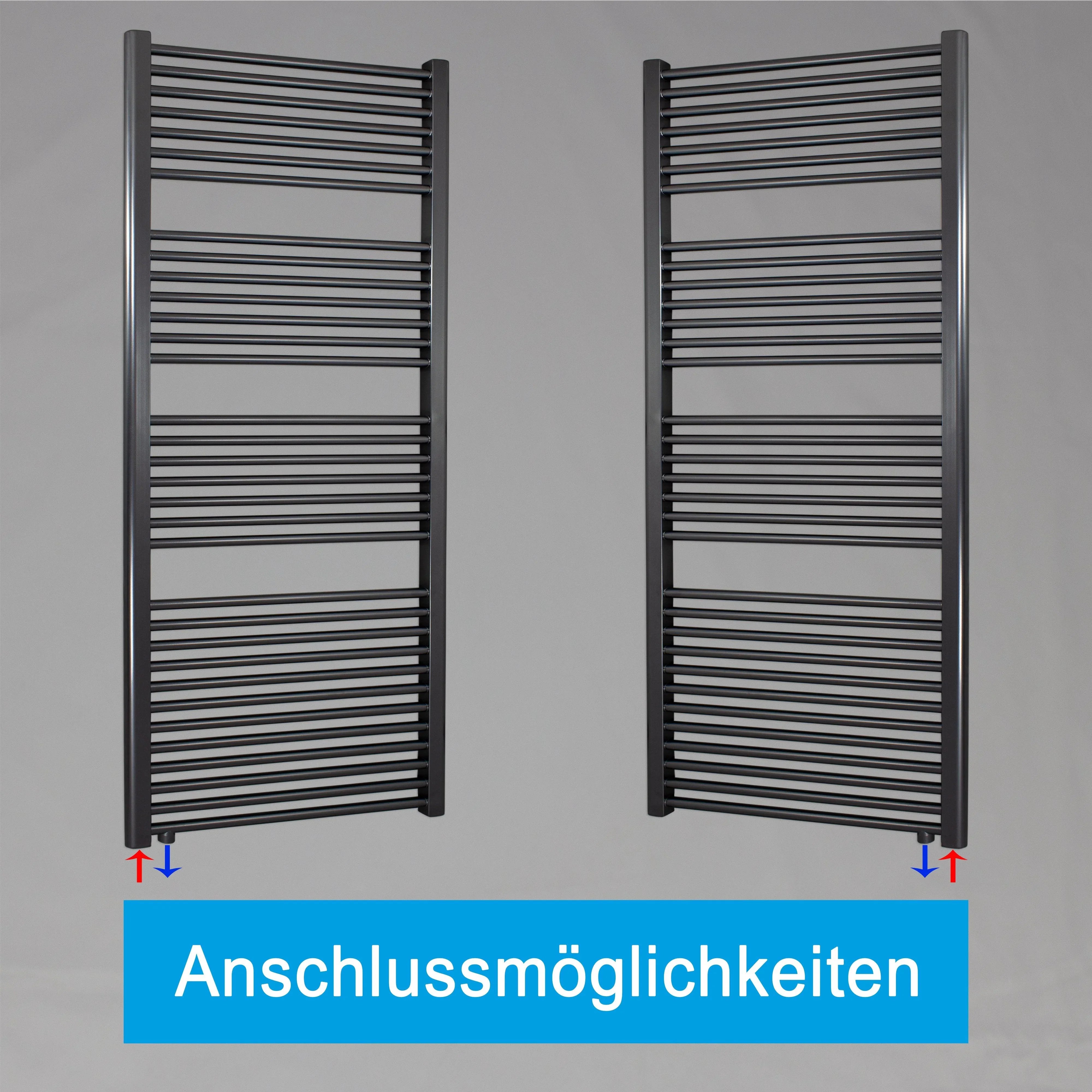 Handtuchheizkörper 1732 x 600 anthrazit mit Anschluss links oder rechts | mit versetztem Mittelanschluss Anschlussmöglichkeiten