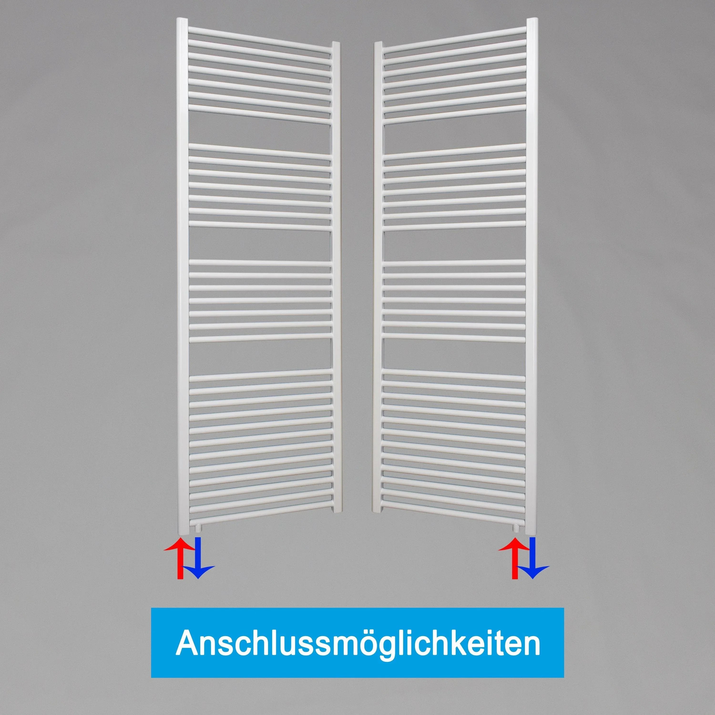 Handtuchheizkörper 1732 x 600 weiß mit Anschluss links oder rechts | mit versetztem Mittelanschluss Anschlussmöglichkeiten