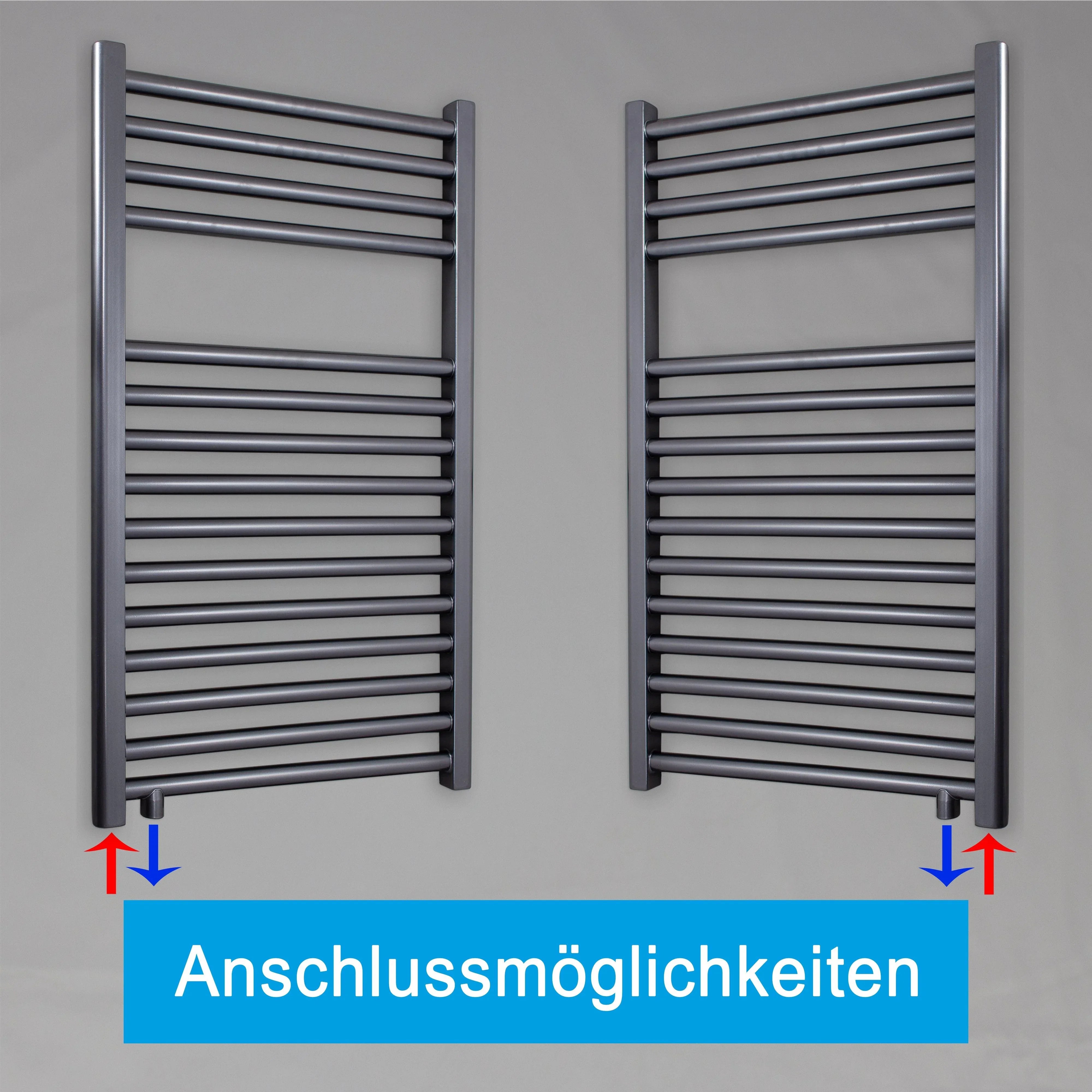 Handtuchheizkörper 764 x 400 anthrazit mit Anschluss links oder rechts | mit versetztem Mittelanschluss Anschlussmöglichkeiten
