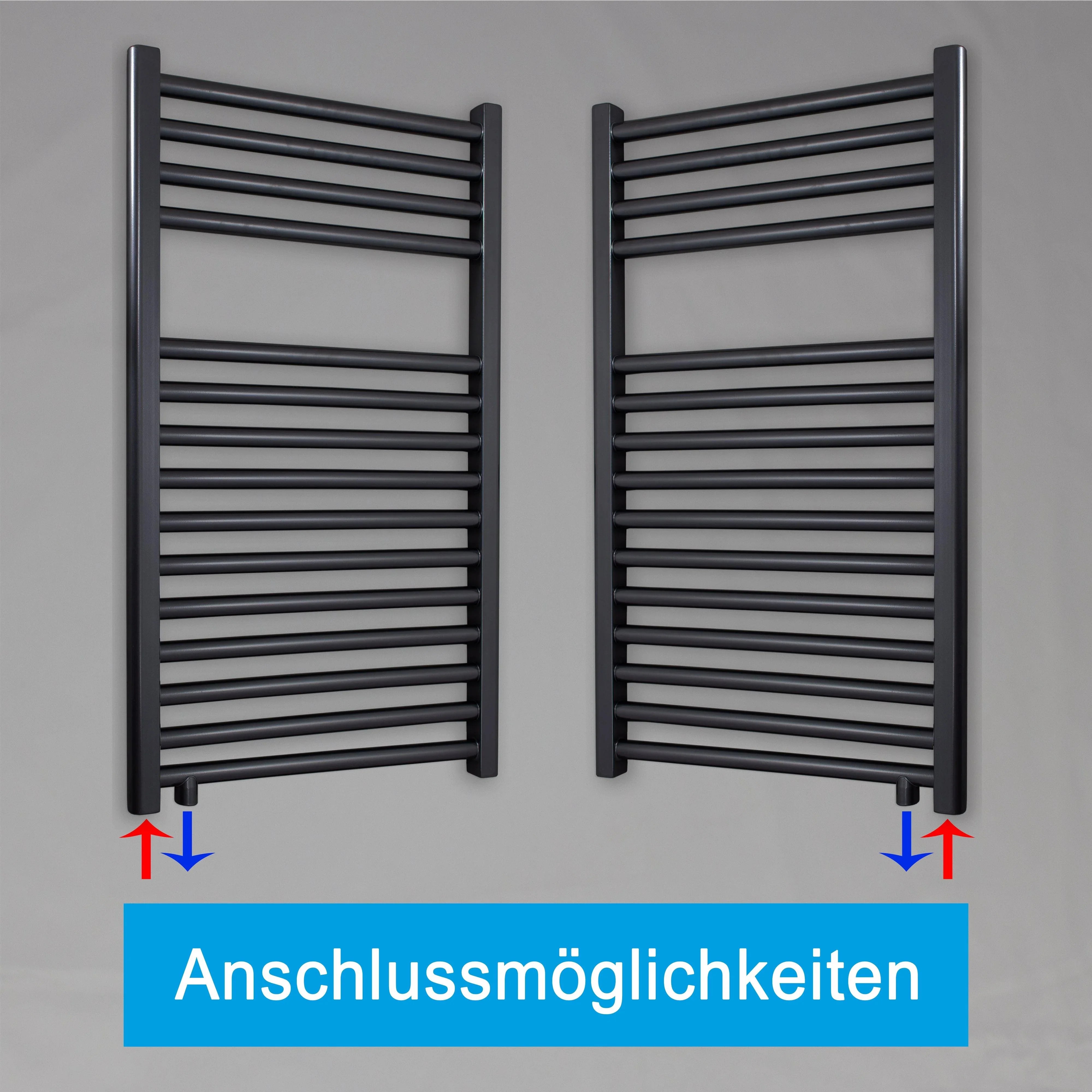 Handtuchheizkörper 764 x 400 schwarz mit Anschluss links oder rechts | mit versetztem Mittelanschluss Anschlussmöglichkeiten