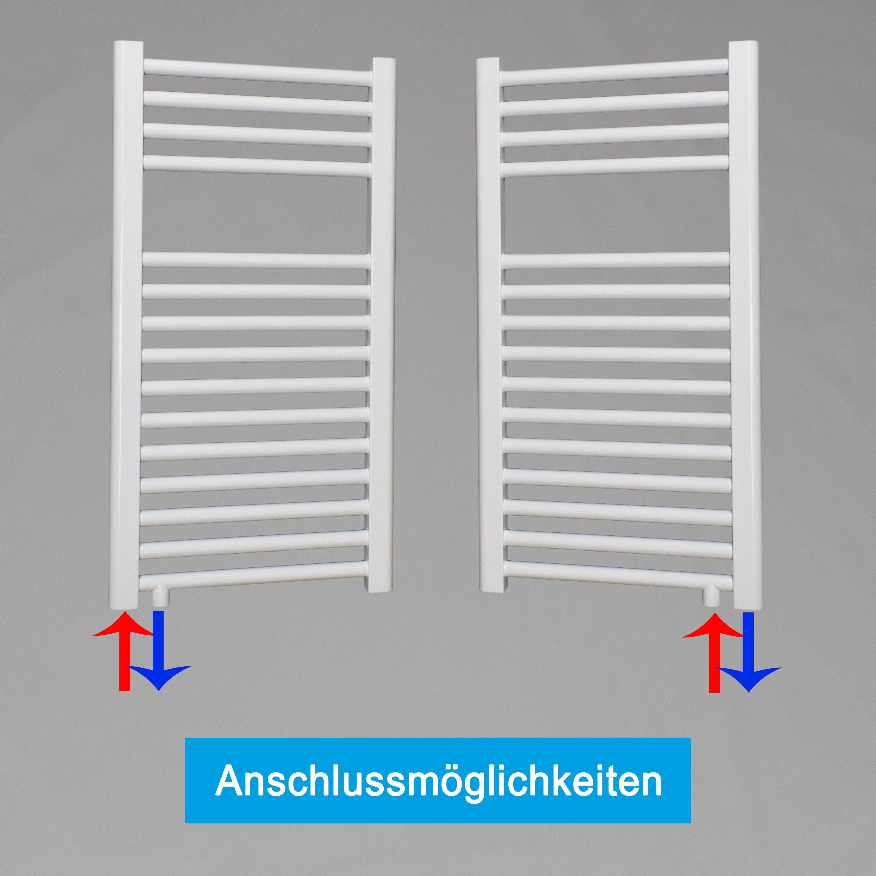 Handtuchheizkörper 764 x 400 weiß mit Anschluss links oder rechts | mit versetztem Mittelanschluss Anschlussmöglichkeiten
