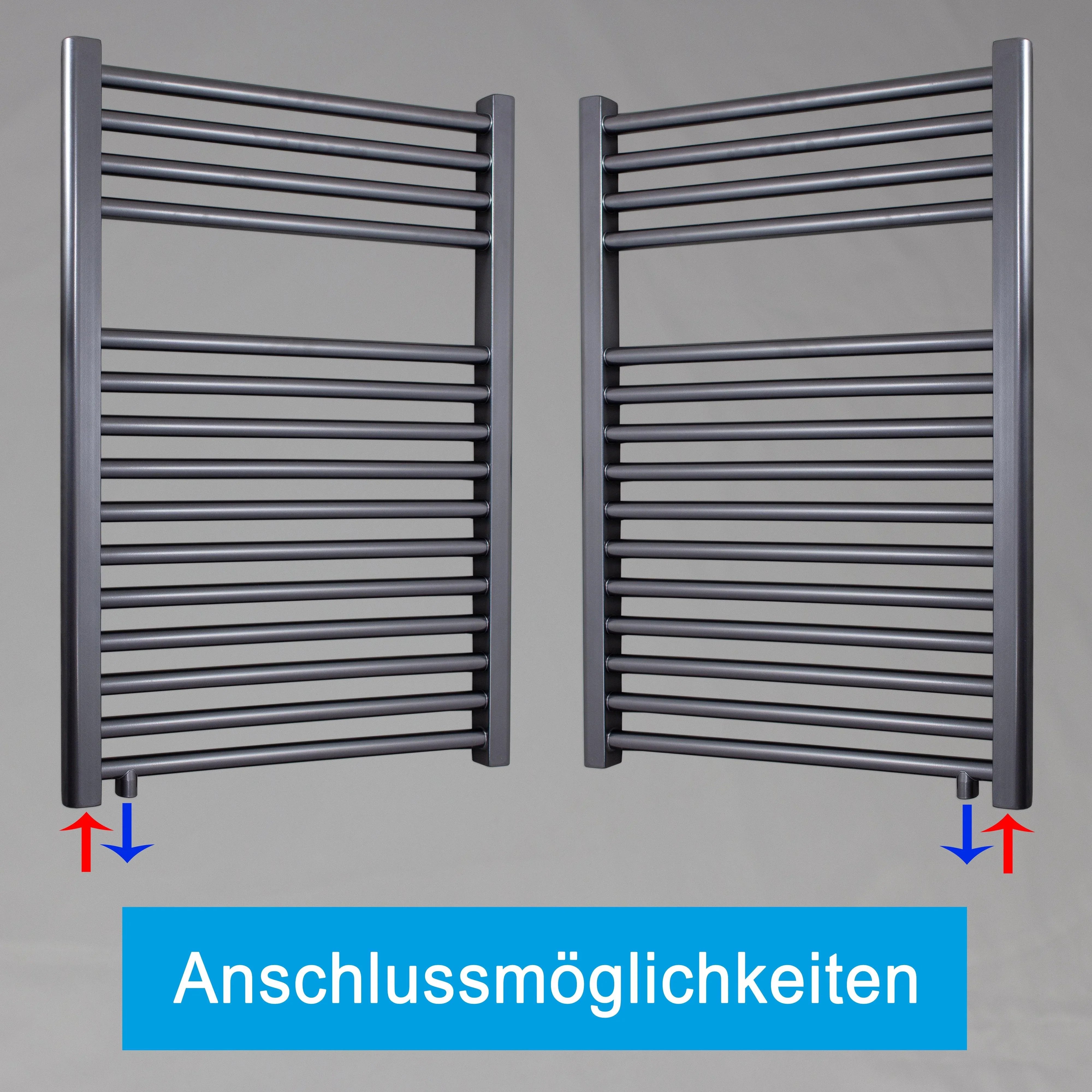 Handtuchheizkörper 764 x 600 anthrazit mit Anschluss links oder rechts | mit versetztem Mittelanschluss Anschlussmöglichkeiten