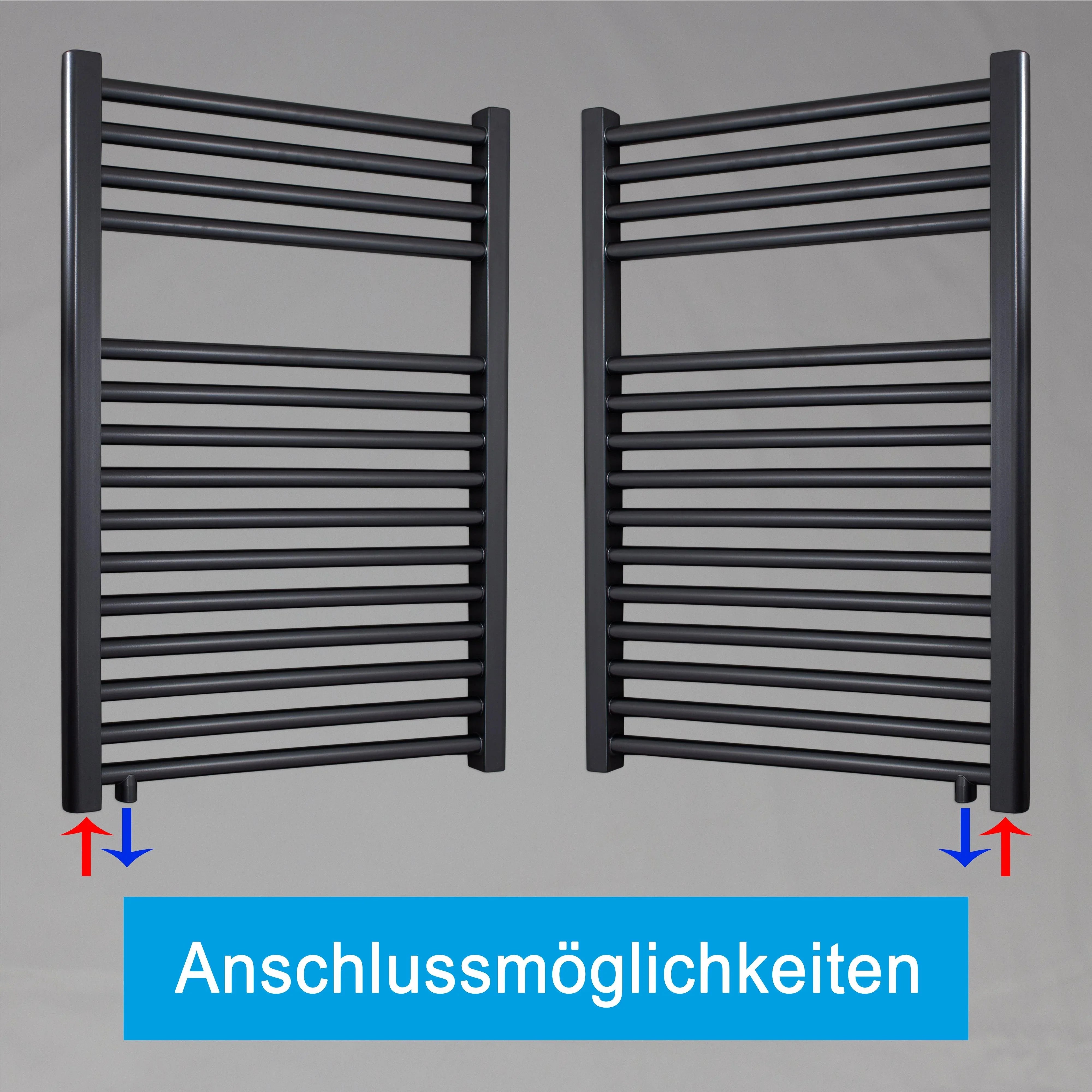 Handtuchheizkörper 764 x 600 schwarze mit Anschluss links oder rechts | mit versetztem Mittelanschluss Anschlussmöglichkeiten