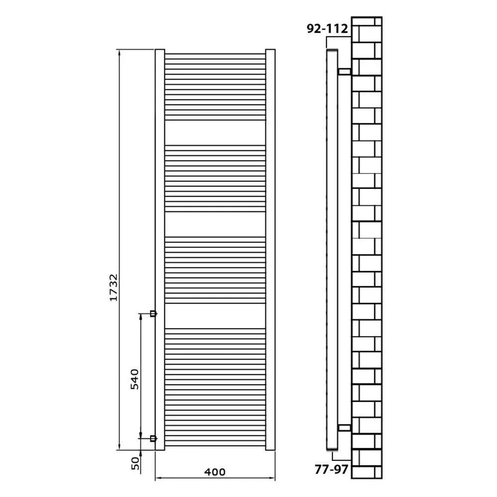 Handtuchheizkörper Austauschheizkörper 1732 x 400 links rechts Seitenanschluss Nabenanschluss seitlicher Anschluss 540 Renovierung technische Zeichnung - heizkoerper.shop