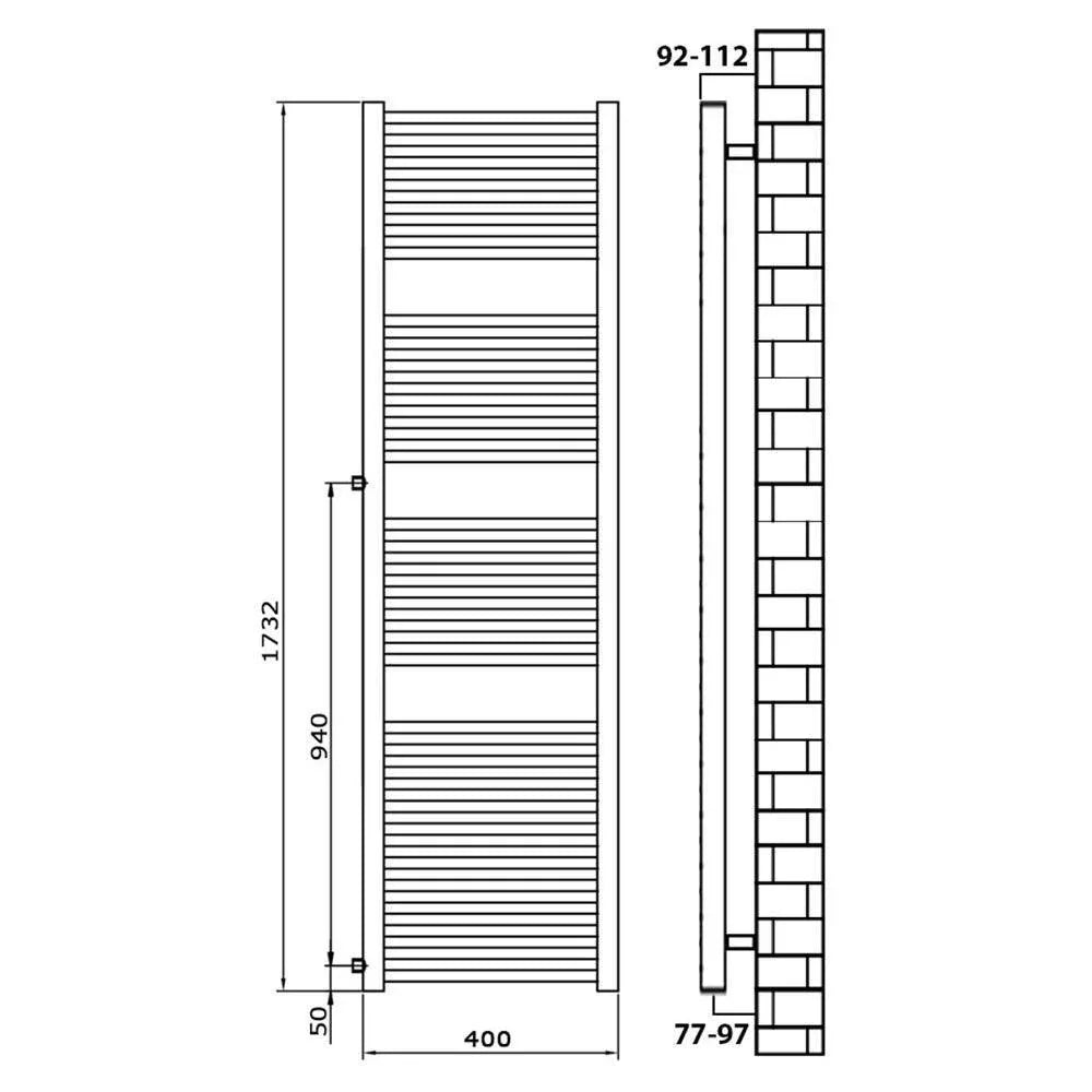 Handtuchheizkörper Austauschheizkörper 1732 x 400 links rechts Seitenanschluss Nabenanschluss seitlicher Anschluss 940 Renovierung technische Zeichnung - heizkoerper.shop