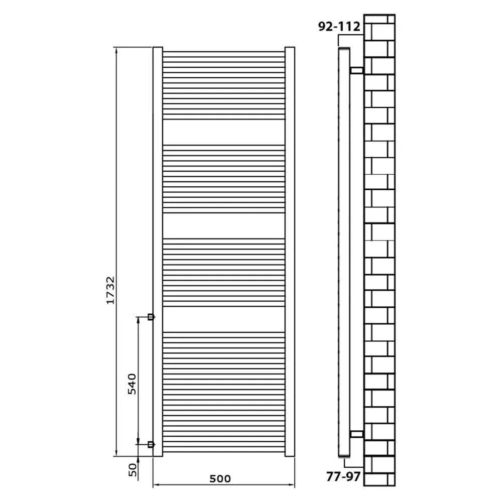 Handtuchheizkörper Austauschheizkörper 1732 x 500 links rechts Seitenanschluss Nabenanschluss seitlicher Anschluss 540 Renovierung technische Zeichnung - heizkoerper.shop