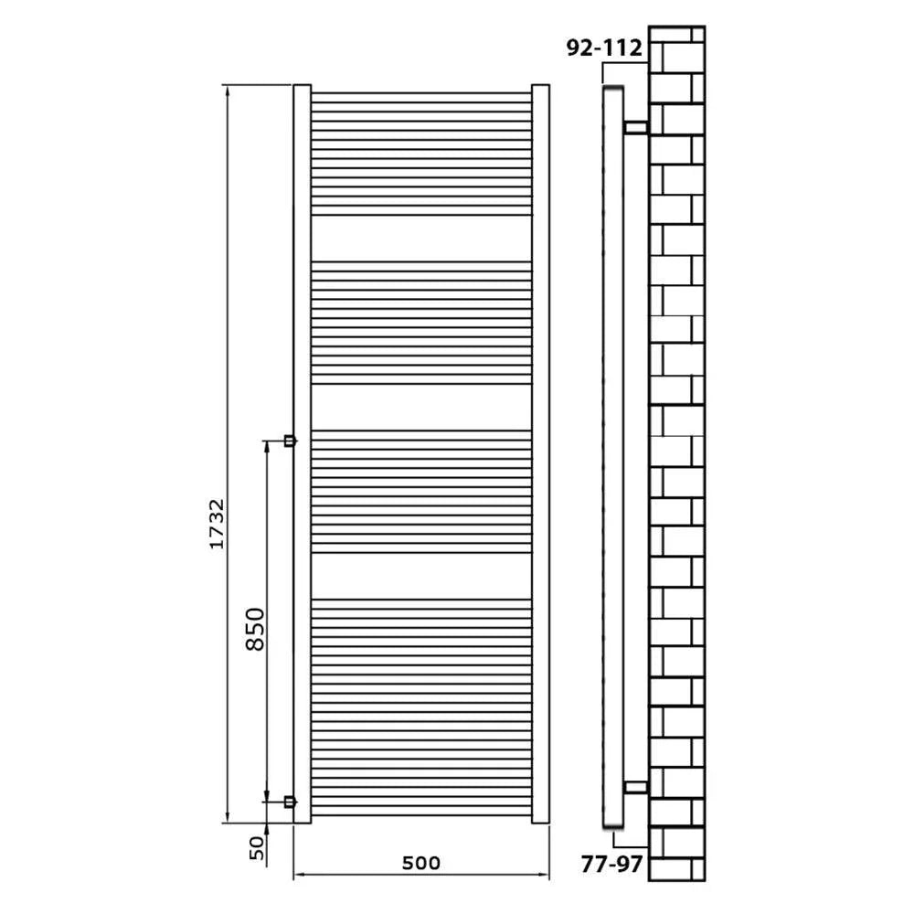 Handtuchheizkörper Austauschheizkörper 1732 x 500 links rechts Seitenanschluss Nabenanschluss seitlicher Anschluss 850 Renovierung technische Zeichnung - heizkoerper.shop