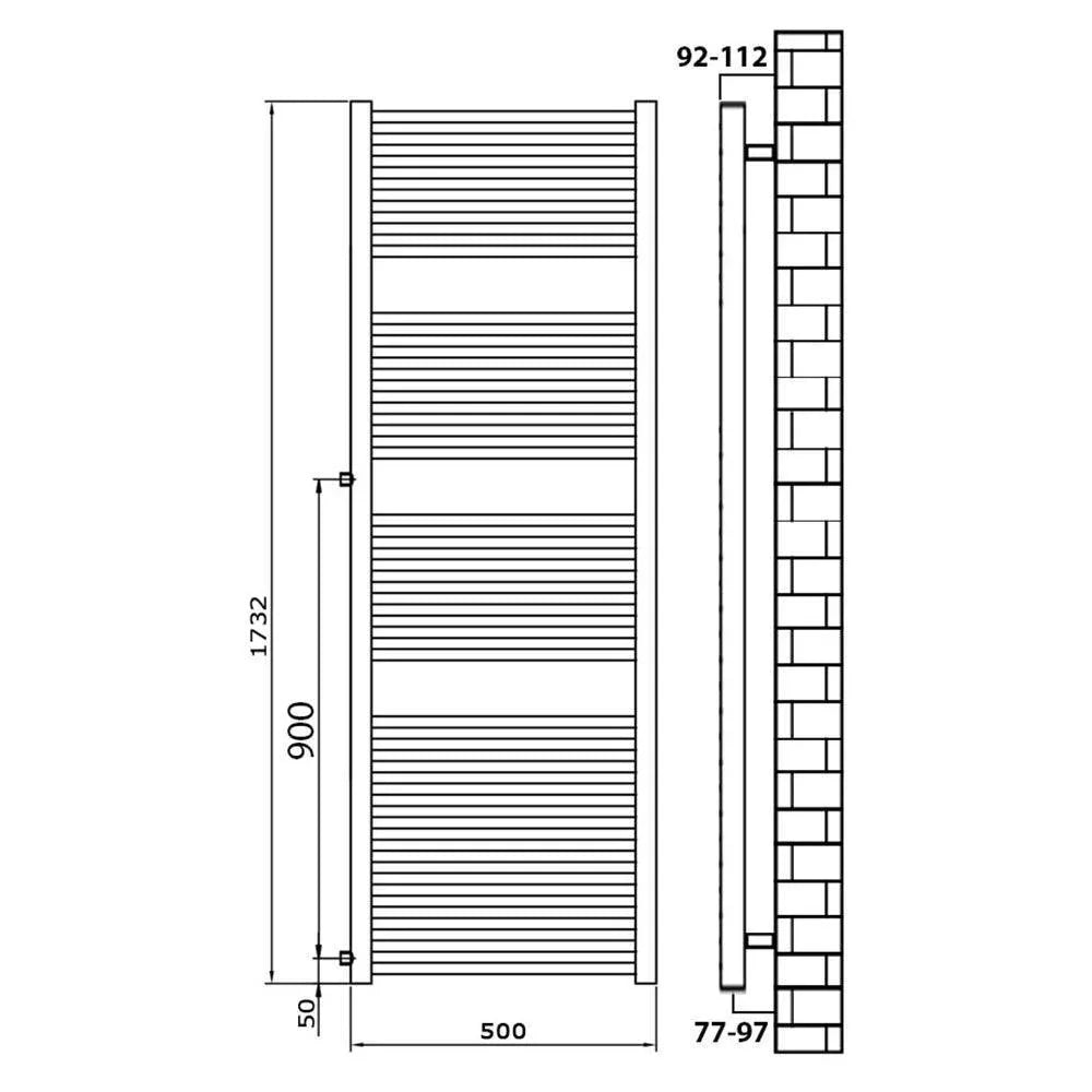 Handtuchheizkörper Austauschheizkörper 1732 x 500 links rechts Seitenanschluss Nabenanschluss seitlicher Anschluss 900 Renovierung technische Zeichnung - heizkoerper.shop
