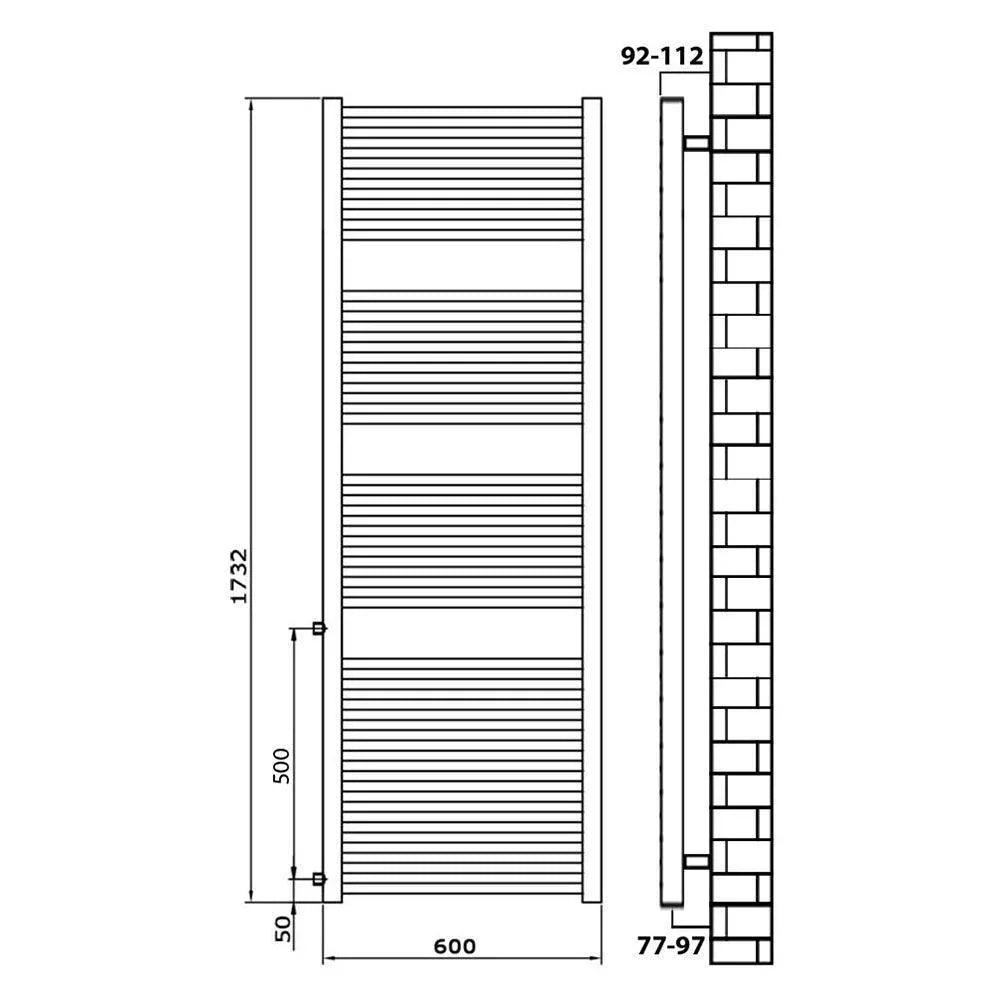 Handtuchheizkörper Austauschheizkörper 1732 x 600 links rechts Seitenanschluss Nabenanschluss seitlicher Anschluss 500 Renovierung technische Zeichnung - heizkoerper.shop