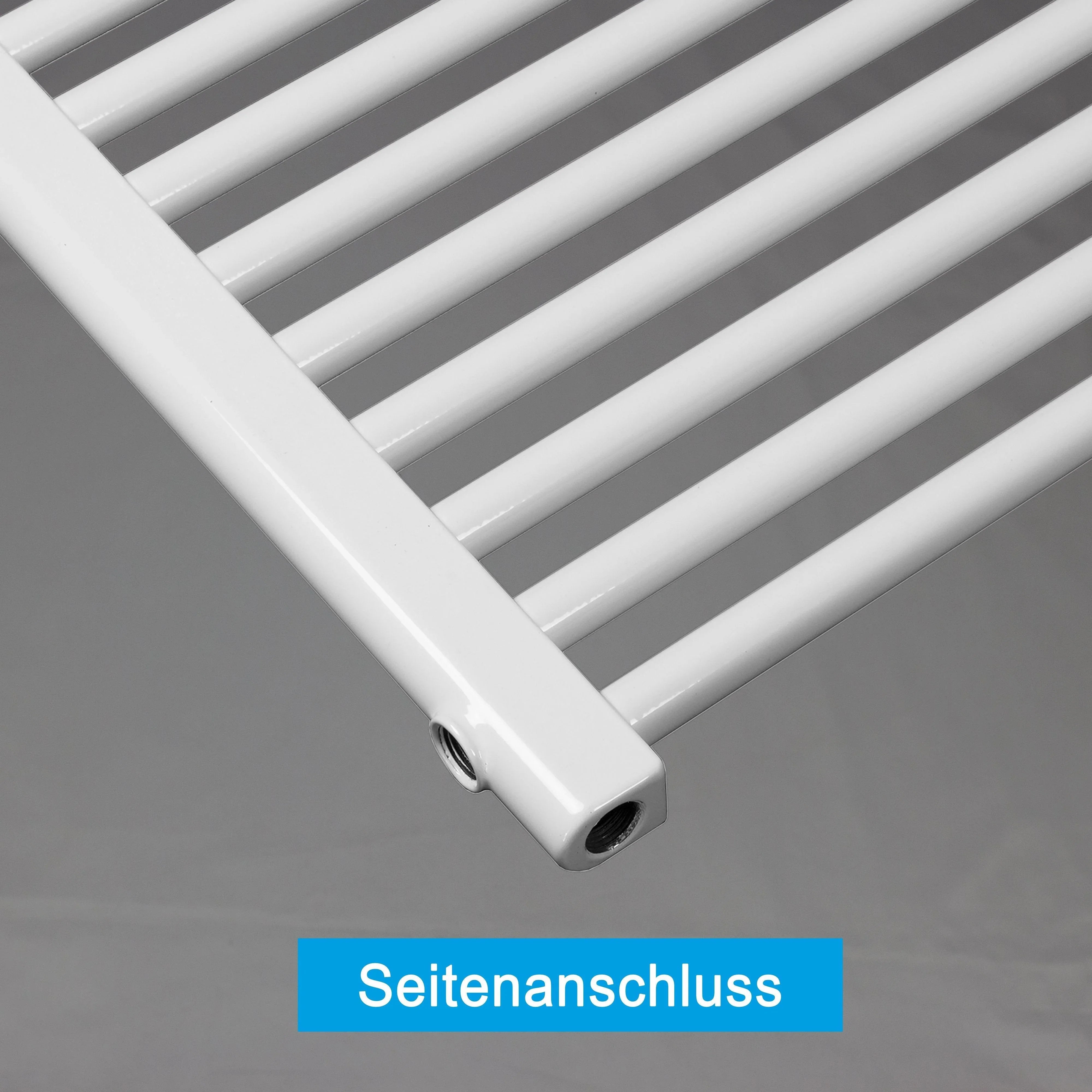 Handtuchheizkörper Austauschheizkörper links rechts Seitenanschluss Nabenanschluss seitlicher Anschluss Renovierung Detailansicht unten - heizkoerper.shop