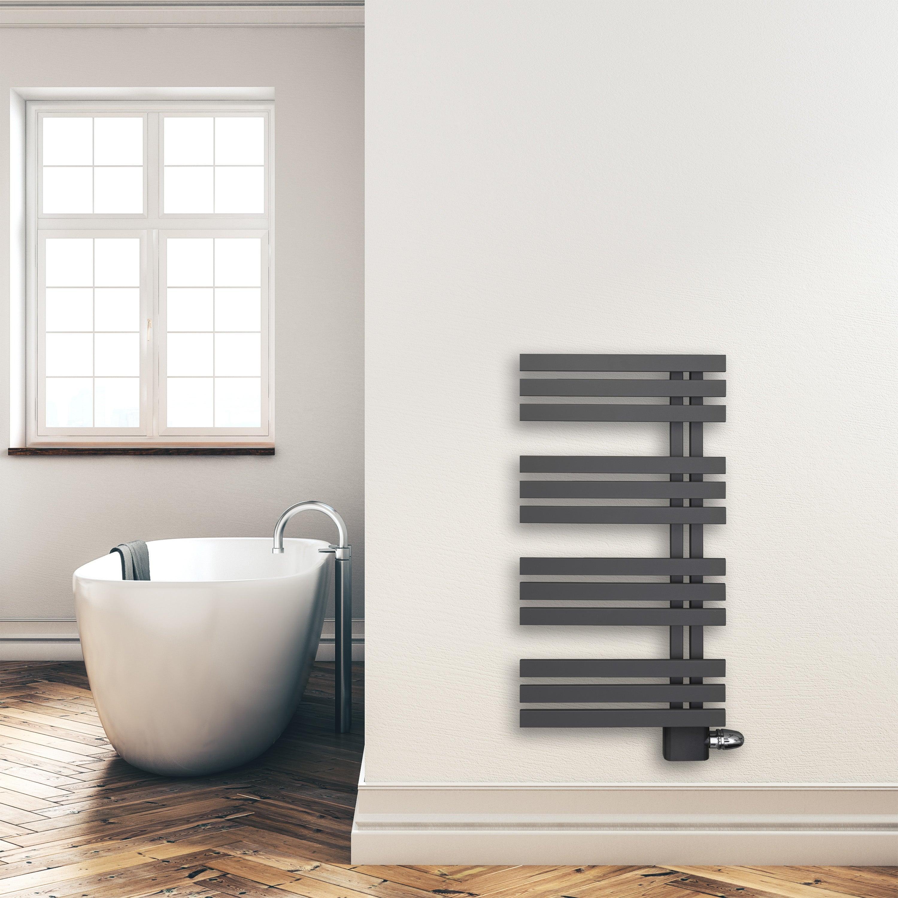 Design Badheizkörper Paneel Heizkörper 1000 x 500 mm anthrazit Handtuch Mittel Anschluss links rechts inkl. Befestigung seitlich offen Montagebeispiel - heizkoerper.shop