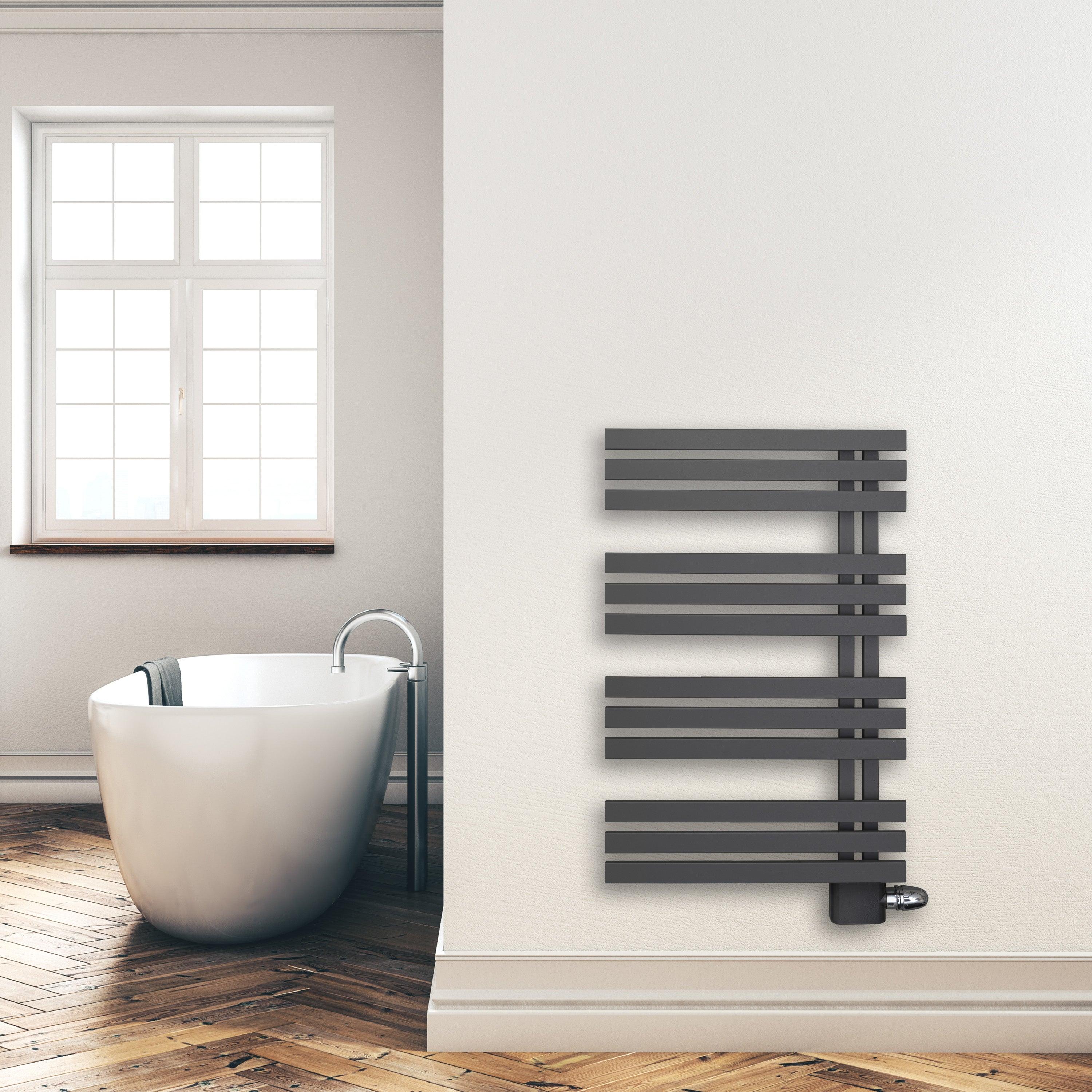 Design Badheizkörper Paneel Heizkörper 1000 x 600 mm anthrazit Handtuch Mittel Anschluss links rechts inkl. Befestigung seitlich offen Montagebeispiel - heizkoerper.shop