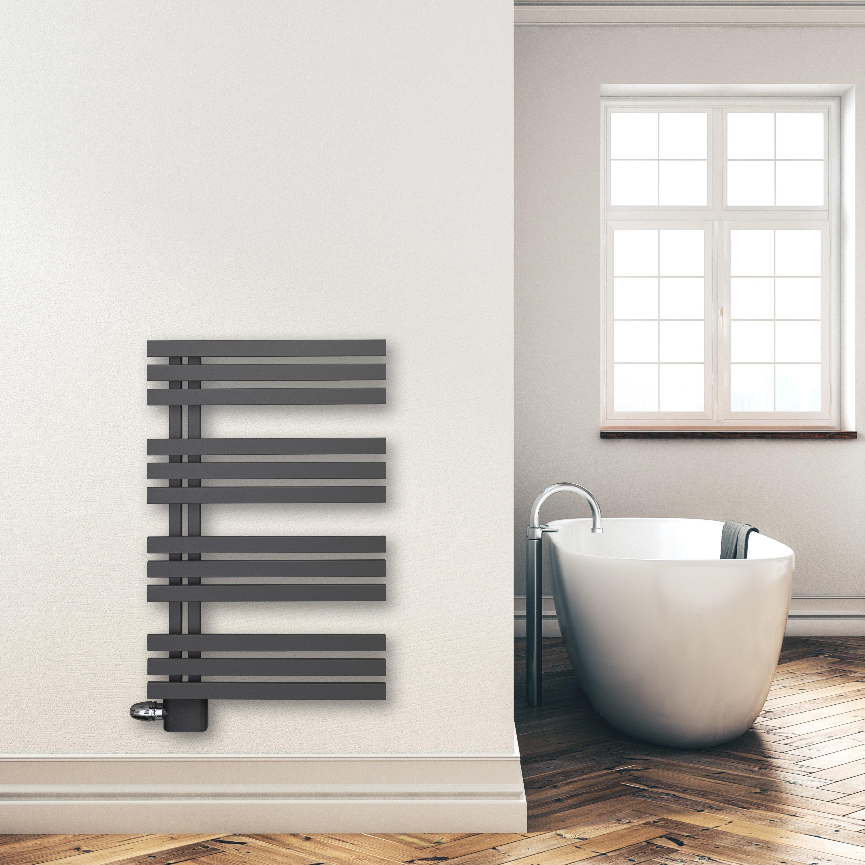 Handtuchheizkörper Paneel Heizkörper 1000 x 600 mm Handtuch Mittel Anschluss links rechts anthrazit seitlich offen im modernen Bad - heizkoerper.shop