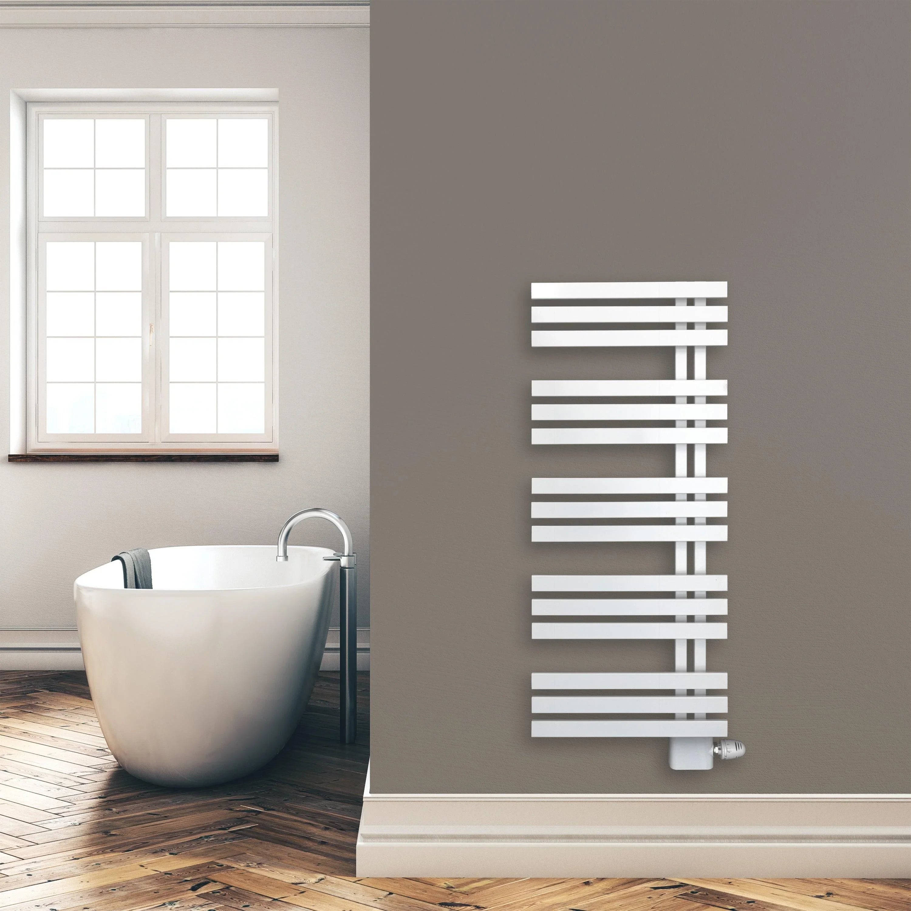 Design Badheizkörper Paneel Heizkörper 1200 x 500 mm Handtuch Mittel Anschluss links rechts inkl. Befestigung seitlich offen im modernen Bad - heizkoerper.shop