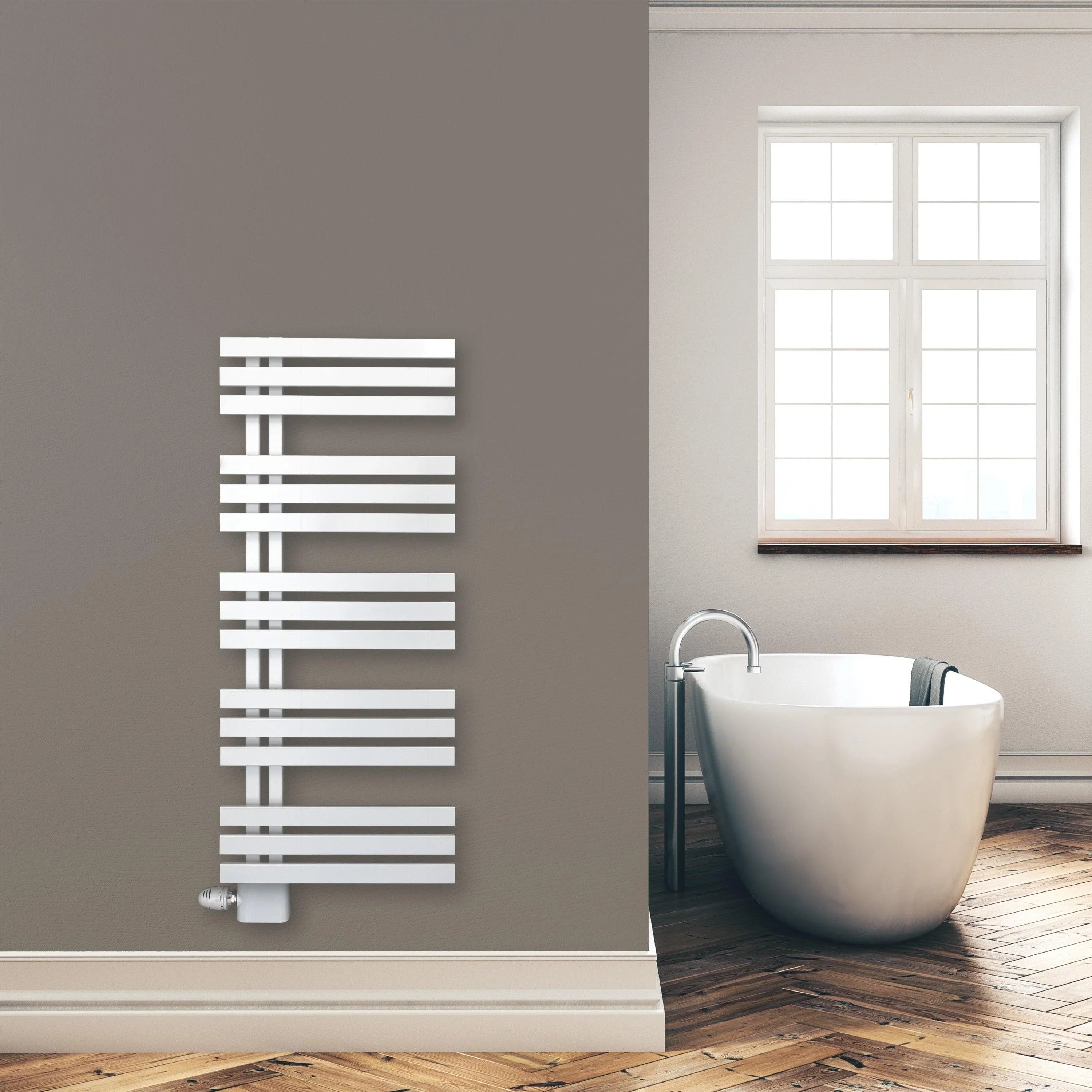 Design Badheizkörper Paneel Heizkörper 1200 x 500 mm Handtuch Mittel Anschluss links rechts inkl. Befestigung seitlich offen Montagebeispiel - heizkoerper.shop