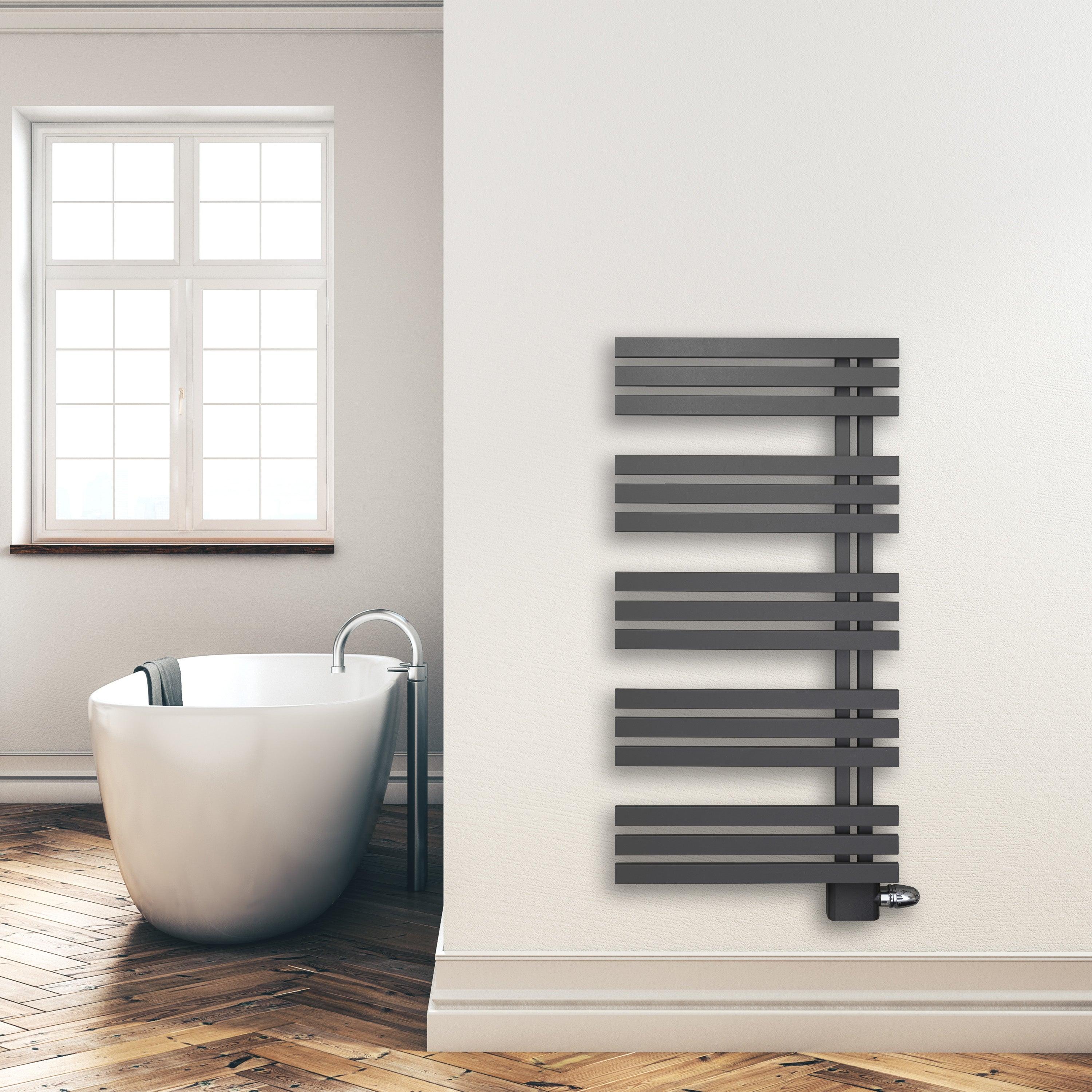 Handtuchheizkörper Paneel Heizkörper 1200 x 600 mm anthrazit Handtuch Mittel Anschluss links rechts inkl. Befestigung seitlich offen Montagebeispiel - heizkoerper.shop