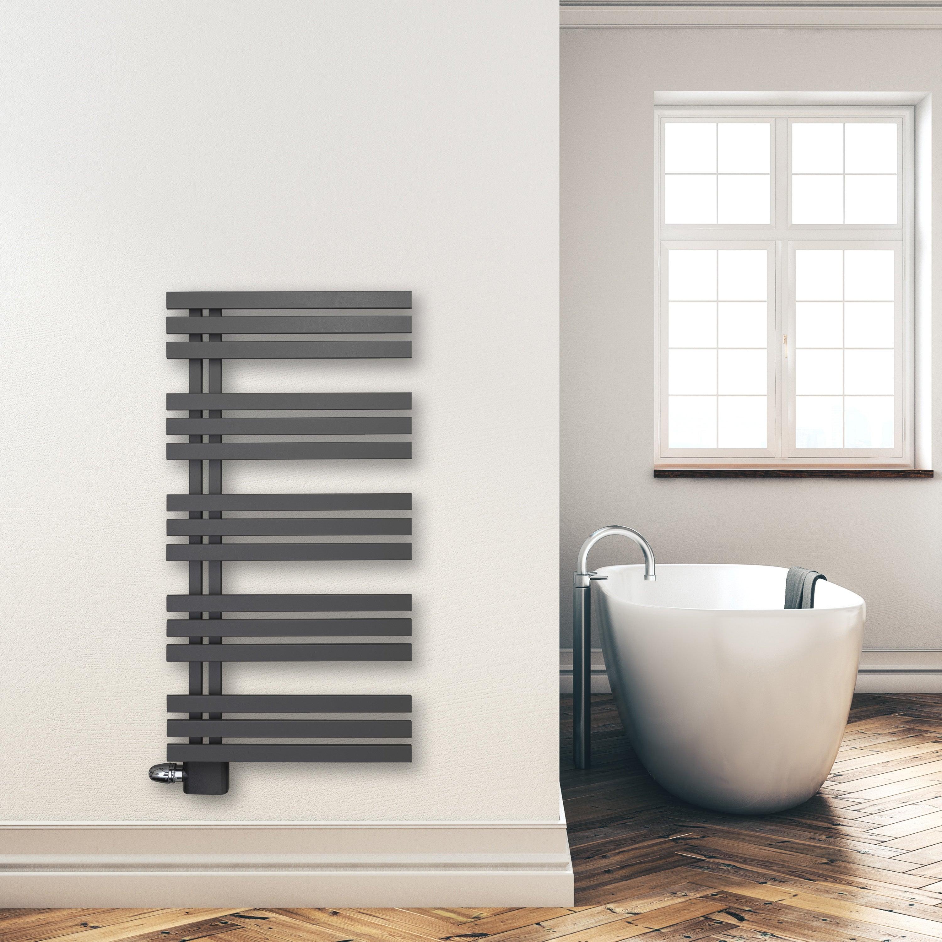 Handtuchheizkörper Paneel Heizkörper 1200 x 600 mm Handtuch Mittel Anschluss links rechts anthrazit seitlich offen im modernen Bad - heizkoerper.shop