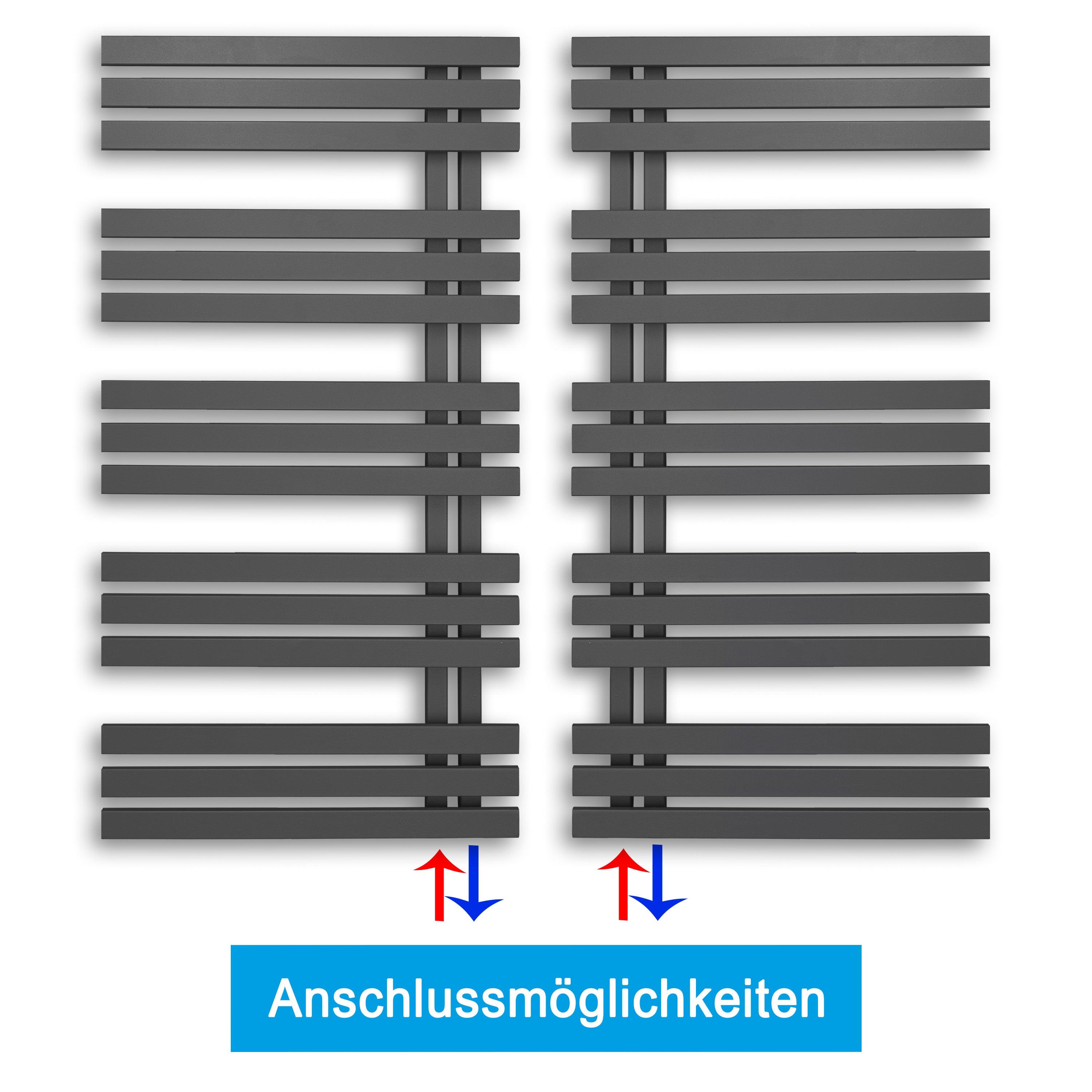 Design Badheizkörper 1200 x 600 mm Paneel Heizkörper Handtuch Mittel Anschluss links rechts anthrazit seitlich offen Anschlussmöglichkeiten - heizkoerper.shop