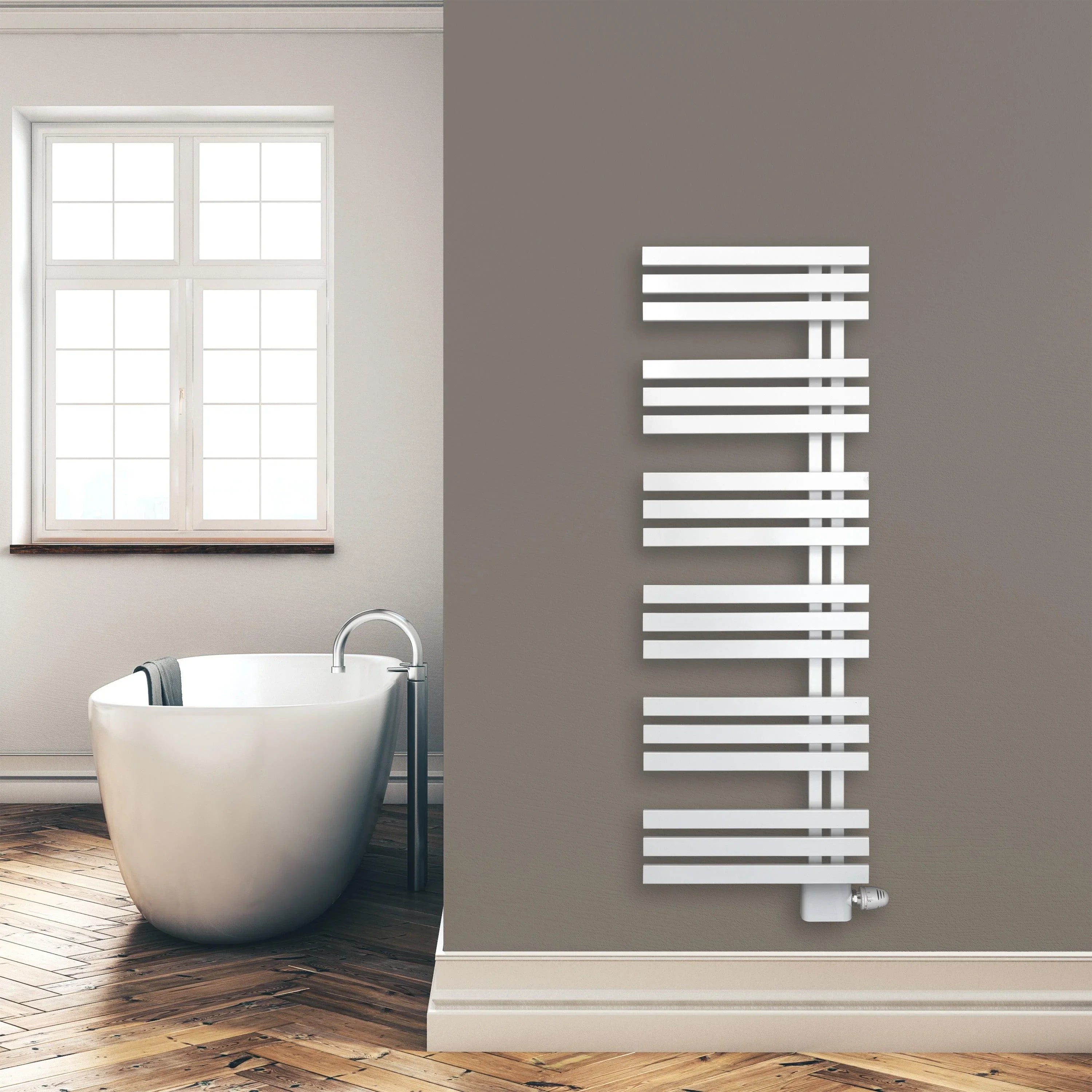 Design Badheizkörper Paneel Heizkörper 1400 x 500 mm Handtuch Mittel Anschluss links rechts inkl. Befestigung seitlich offen im modernen Bad - heizkoerper.shop