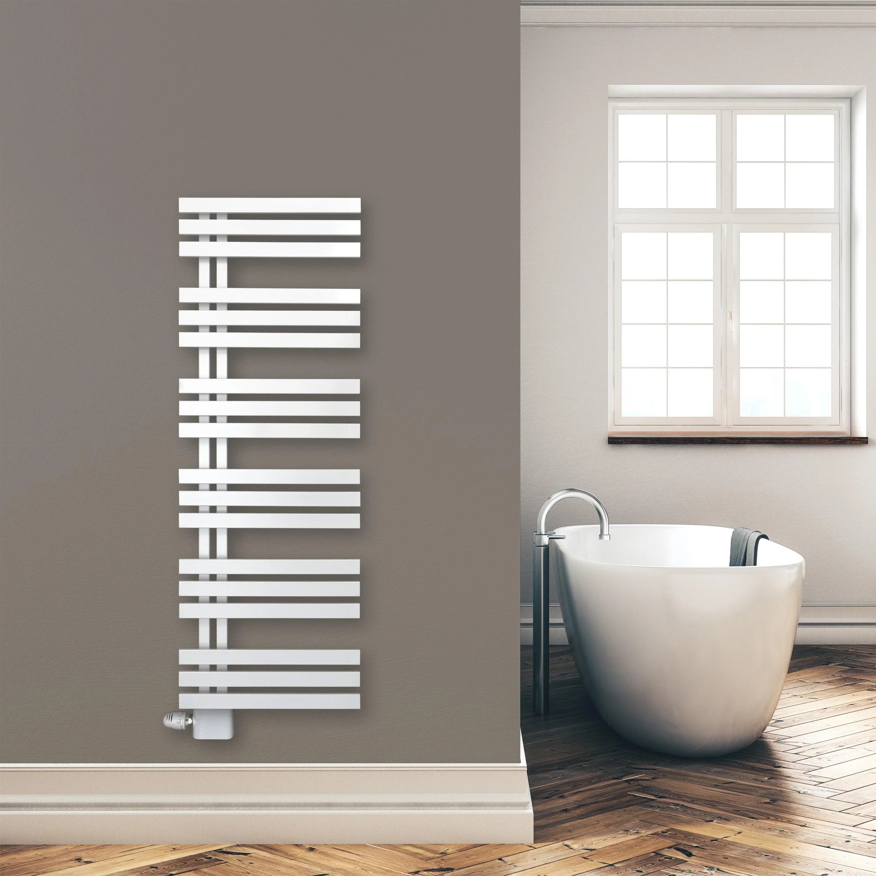 Design Badheizkörper Paneel Heizkörper 1400 x 500 mm Handtuch Mittel Anschluss links rechts inkl. Befestigung seitlich offen Montagebeispiel - heizkoerper.shop