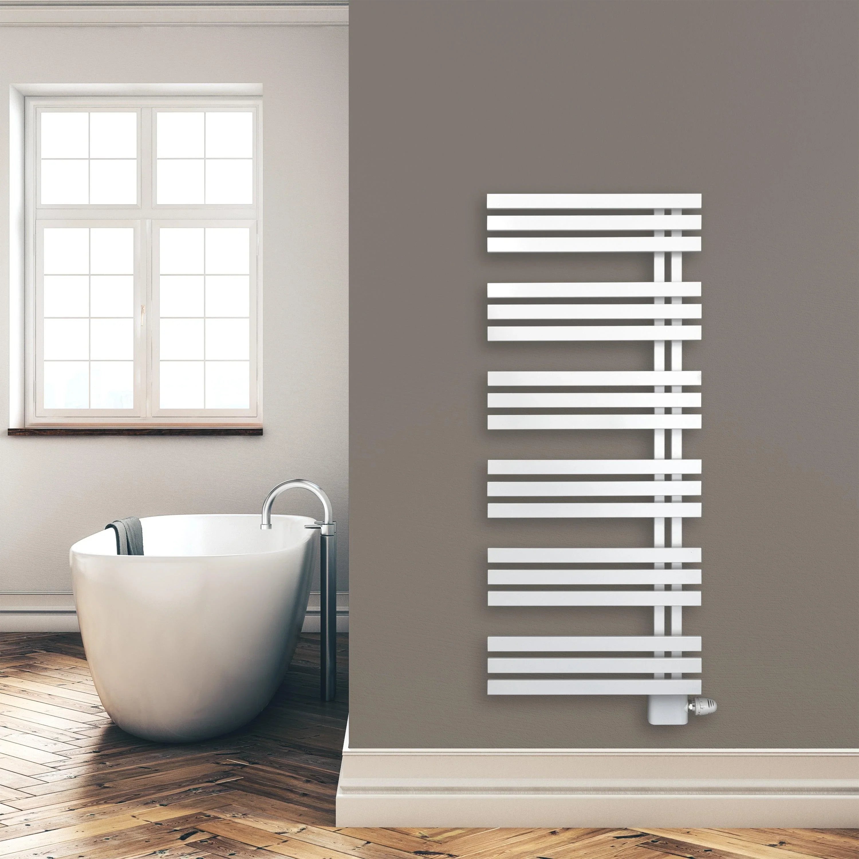 Design Badheizkörper Paneel Heizkörper 1400 x 600 mm Handtuch Mittel Anschluss links rechts inkl. Befestigung seitlich offen im modernen Bad - heizkoerper.shop
