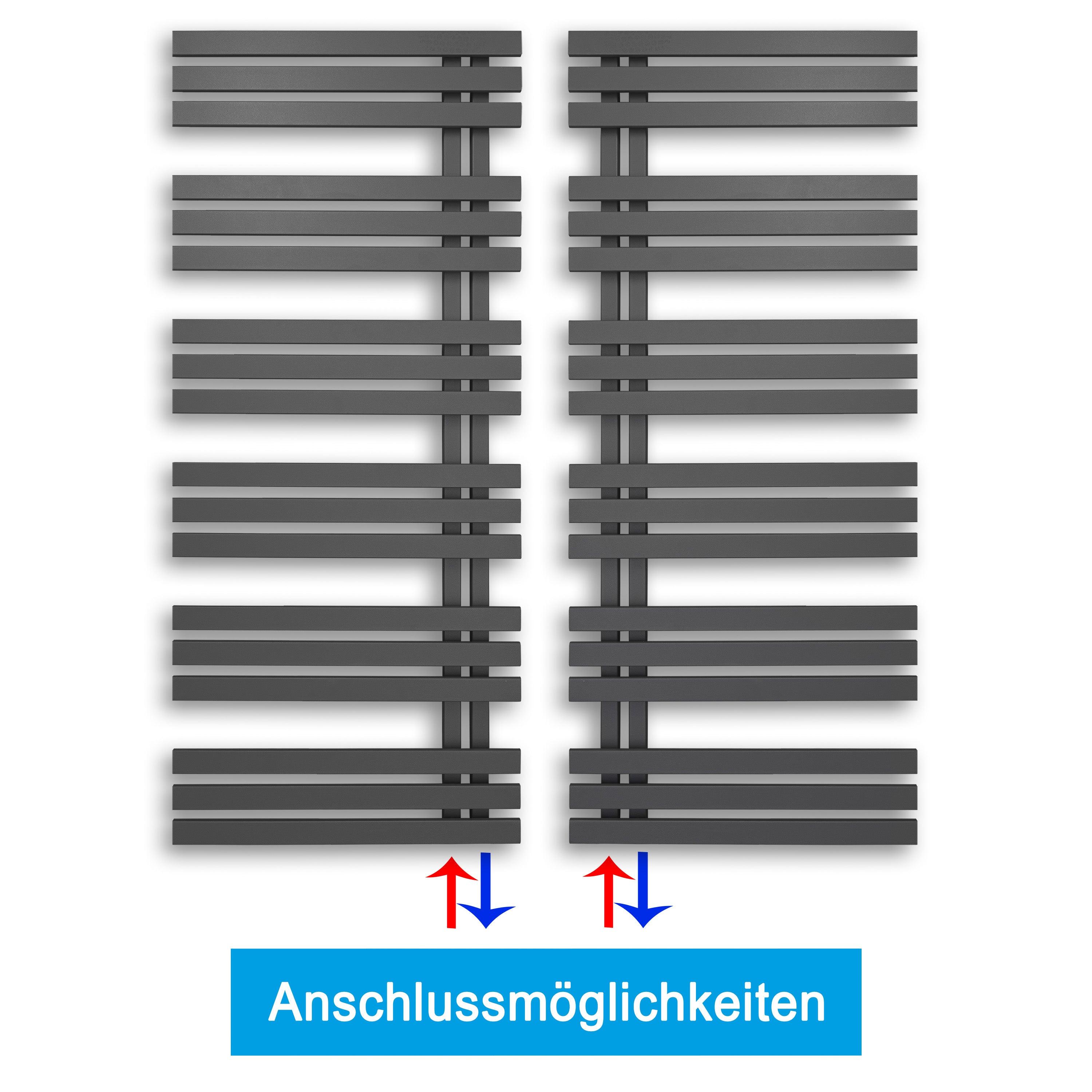 Design Badheizkörper 1400 x 600 mm Paneel Heizkörper Handtuch Mittel Anschluss links rechts anthrazit seitlich offen Anschlussmöglichkeiten - heizkoerper.shop
