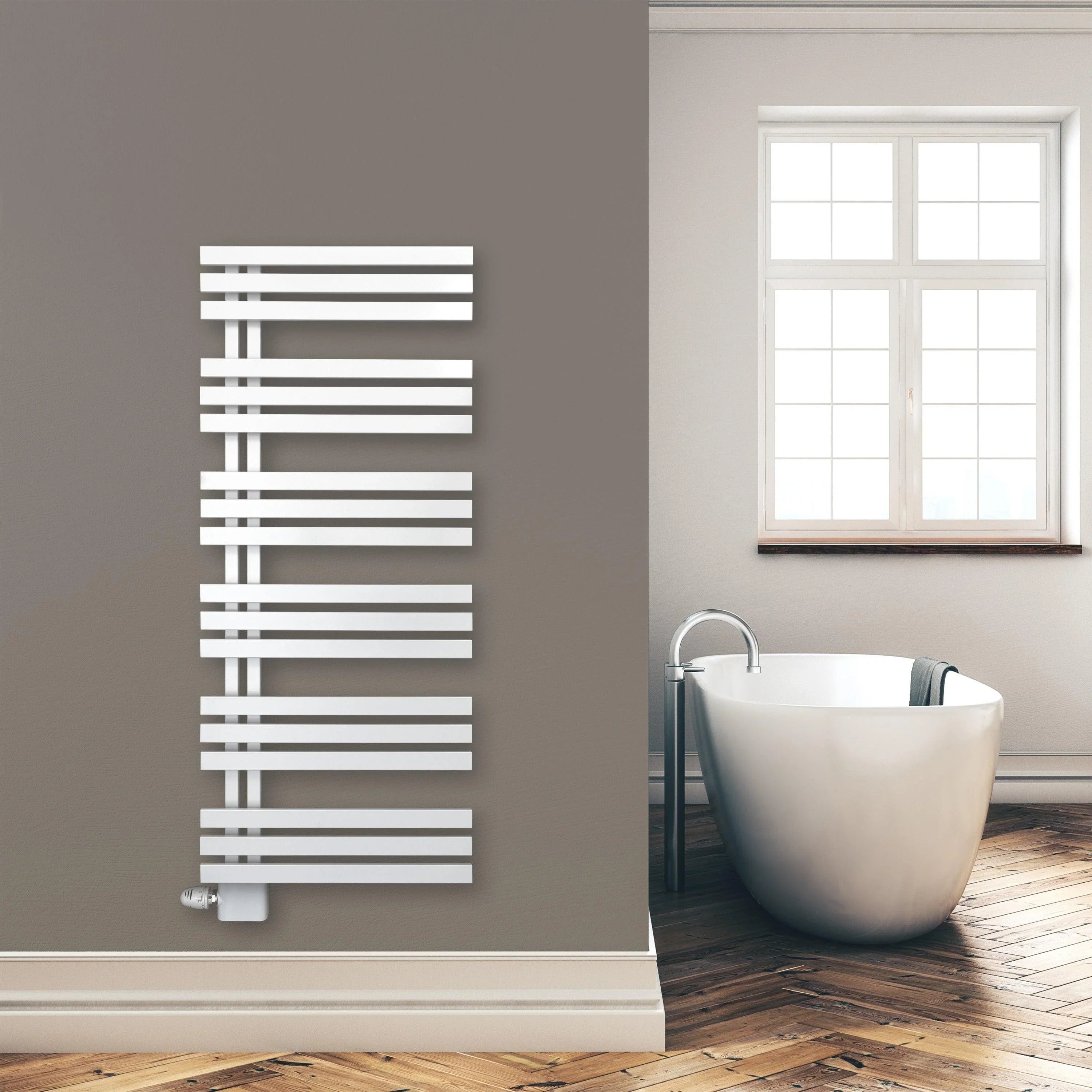 Design Badheizkörper Paneel Heizkörper 1400 x 600 mm Handtuch Mittel Anschluss links rechts inkl. Befestigung seitlich offen Montagebeispiel - heizkoerper.shop