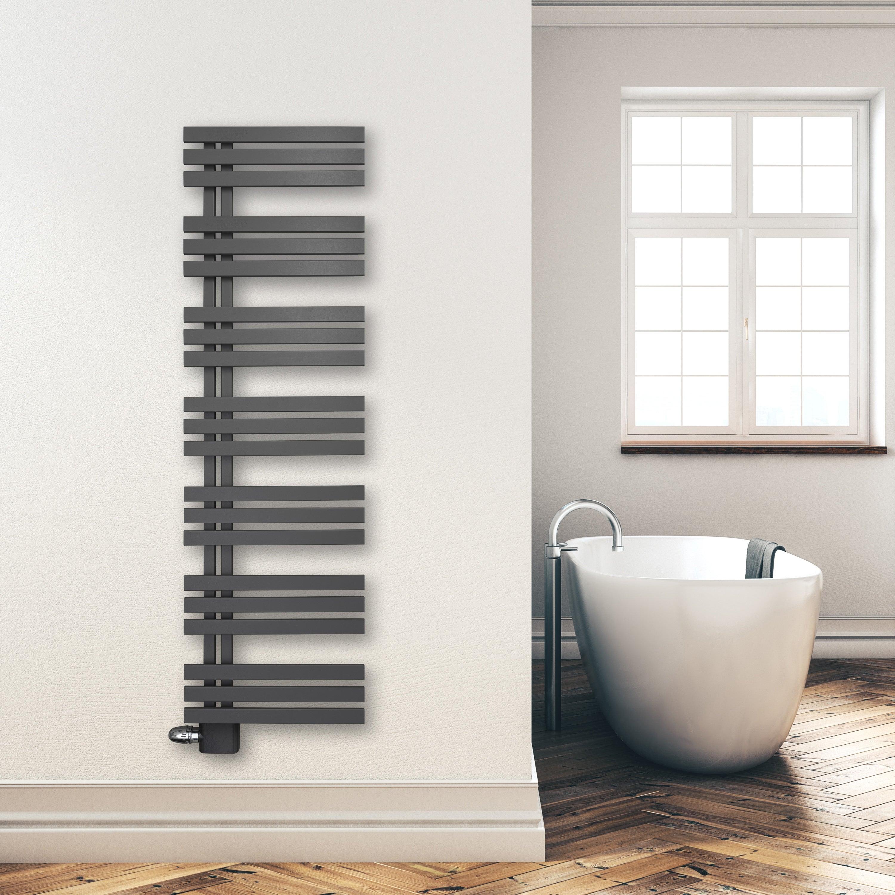Handtuchheizkörper Paneel Heizkörper 1600 x 500 mm Handtuch Mittel Anschluss links rechts anthrazit seitlich offen im modernen Bad - heizkoerper.shop