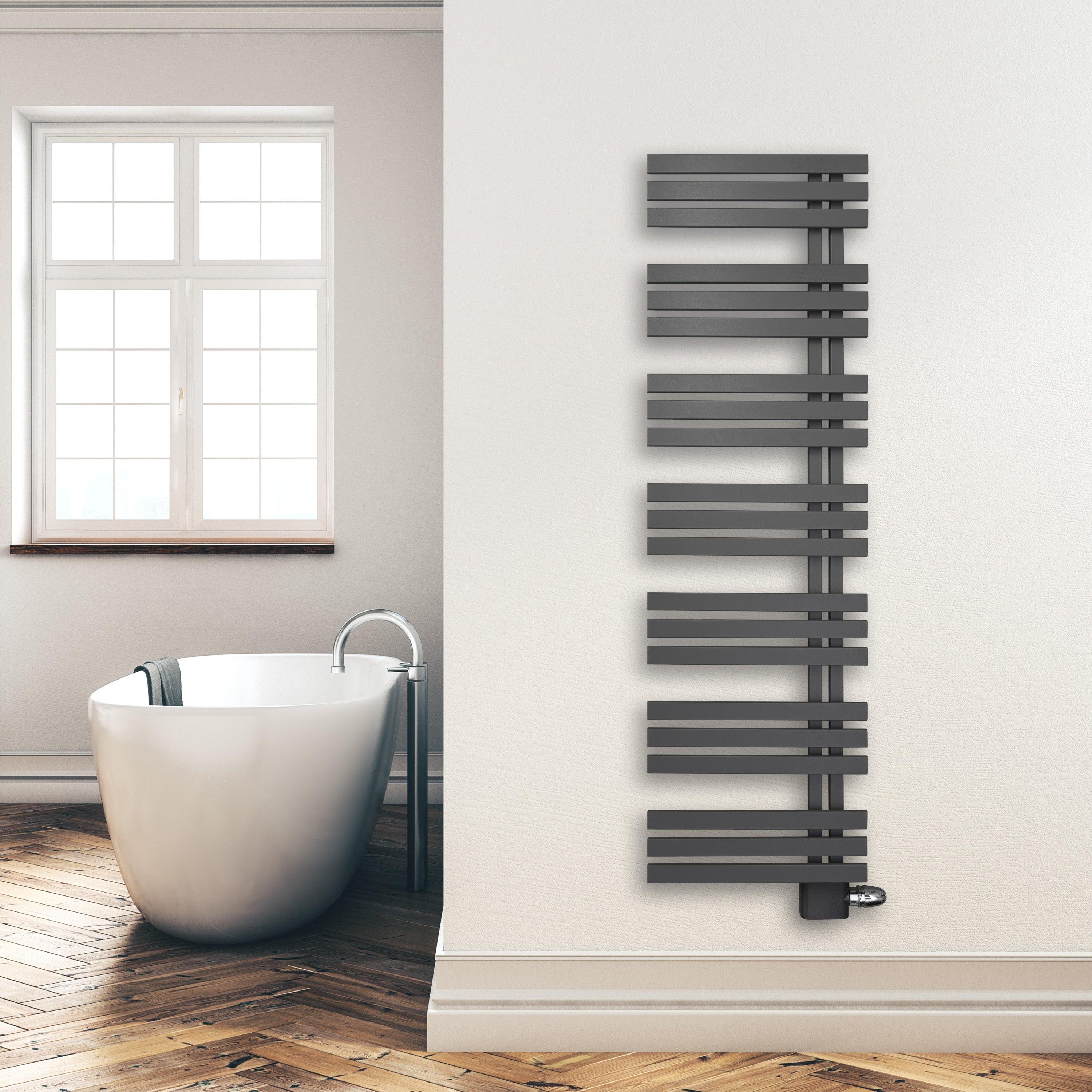 Handtuchheizkörper Paneel Heizkörper 1600 x 500 mm anthrazit Handtuch Mittel Anschluss links rechts inkl. Befestigung seitlich offen Montagebeispiel - heizkoerper.shop
