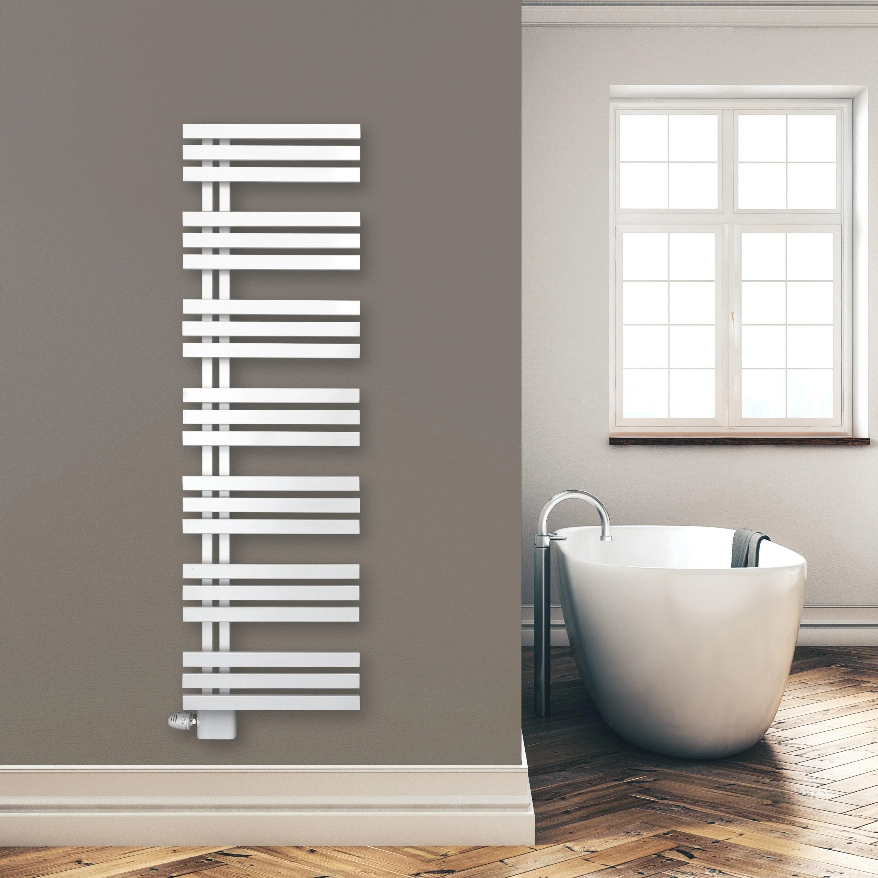 Design Badheizkörper Paneel Heizkörper 1600 x 500 mm Handtuch Mittel Anschluss links rechts inkl. Befestigung seitlich offen Montagebeispiel - heizkoerper.shop