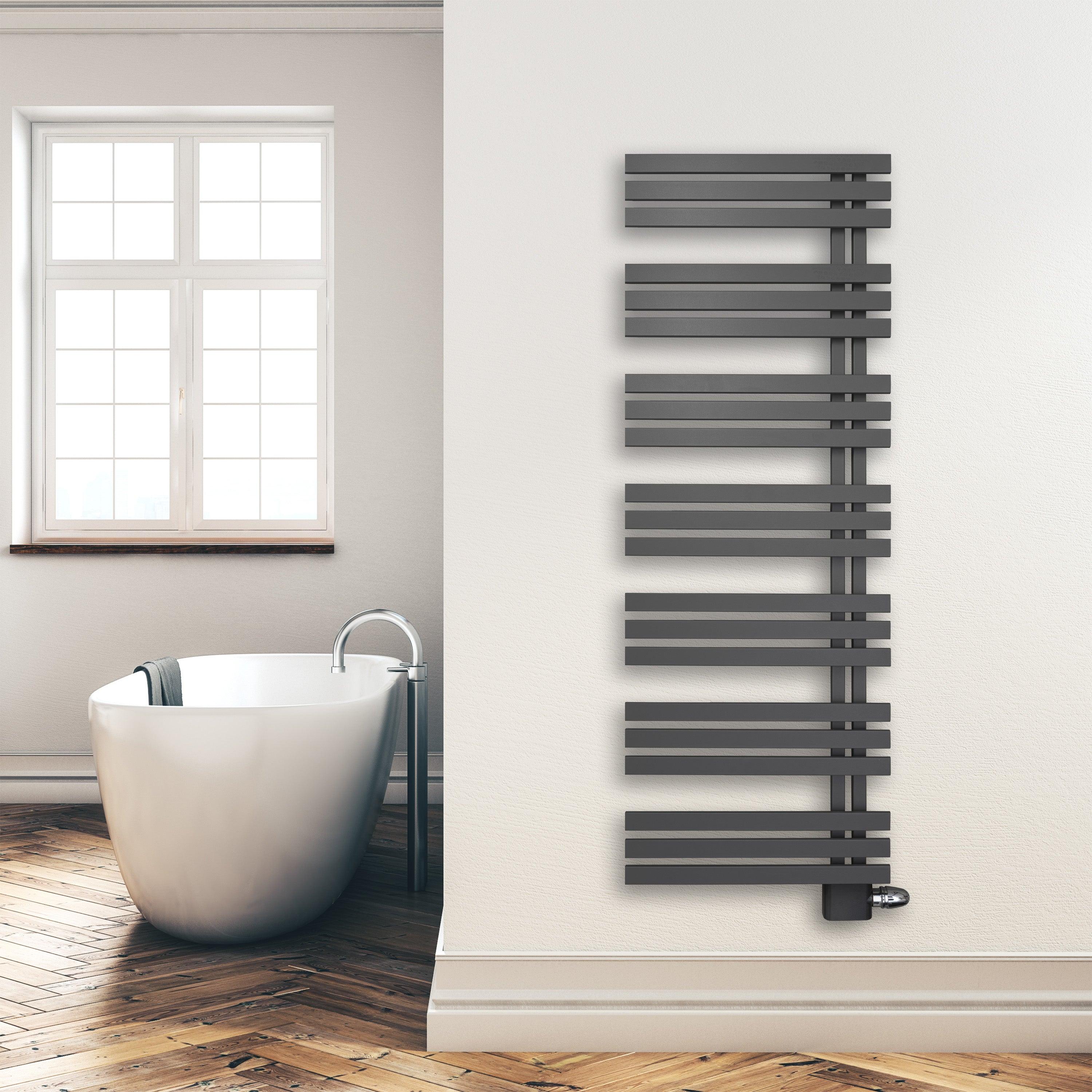 Handtuchheizkörper Paneel Heizkörper 1600 x 600 mm anthrazit Handtuch Mittel Anschluss links rechts inkl. Befestigung seitlich offen Montagebeispiel - heizkoerper.shop