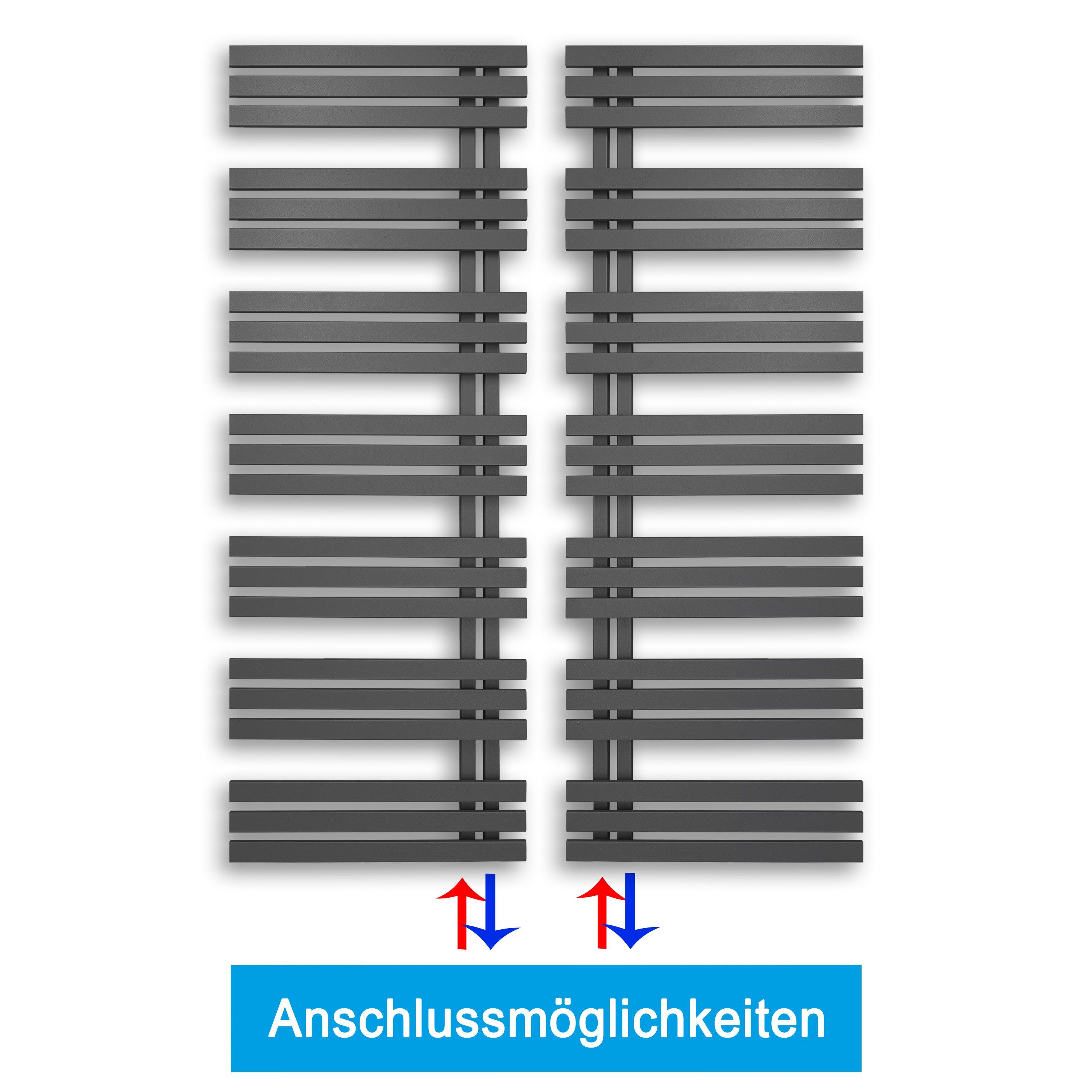 Handtuchheizkörper 1600 x 600 mm Paneel Heizkörper Handtuch Mittel Anschluss links rechts anthrazit seitlich offen Anschlussmöglichkeiten - heizkoerper.shop